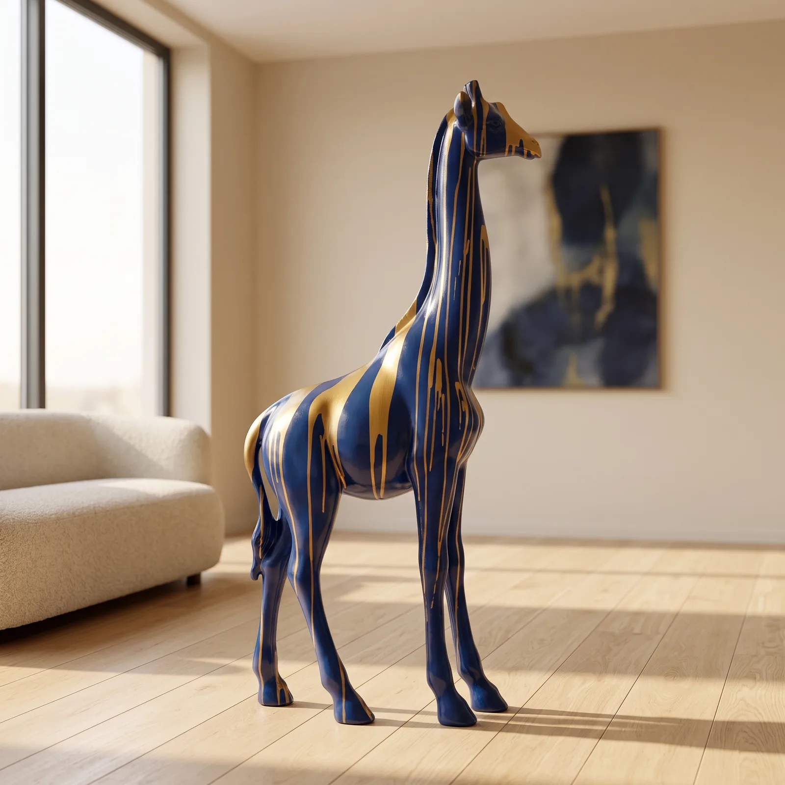 Giraf Beeld Groot Staand 180cm Blauw Goud Dripart - Decoratie — sfeerbeeld in interieur