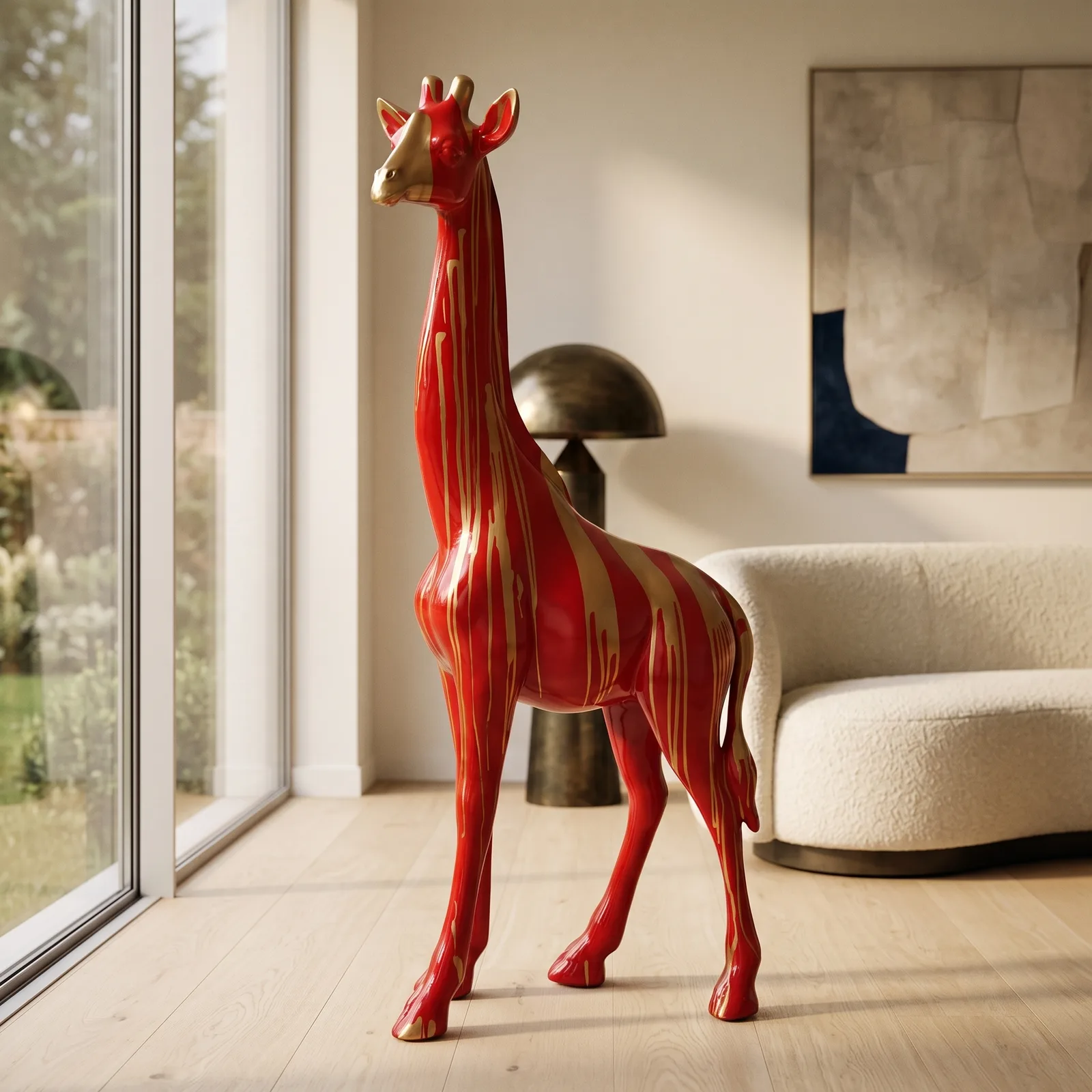 Giraf Beeld Groot Staand 180cm Rood Goud Dripart - Decoratie — sfeerbeeld in interieur