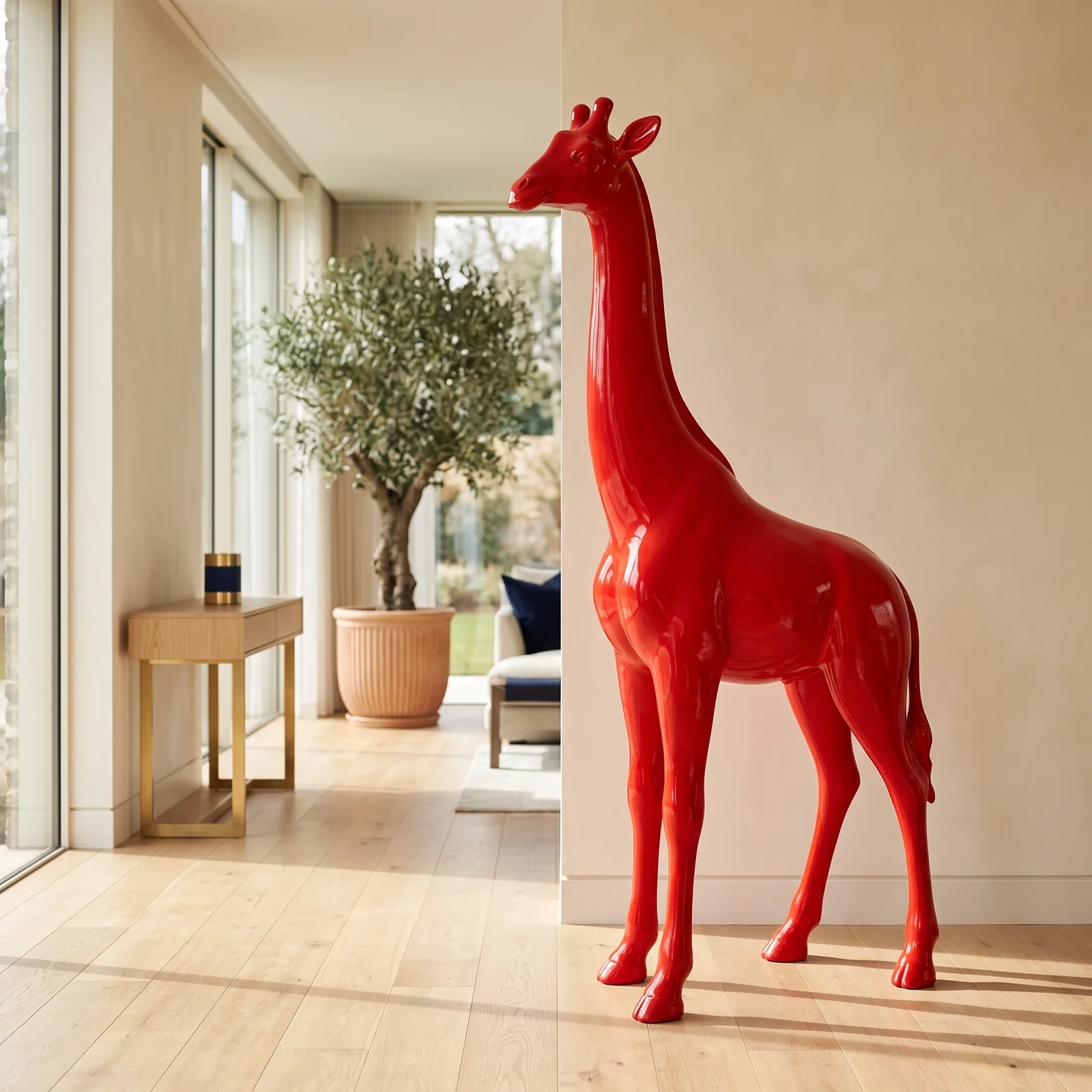 Giraf Beeld Groot Staand 180cm Rood - Decoratie — sfeerbeeld in interieur