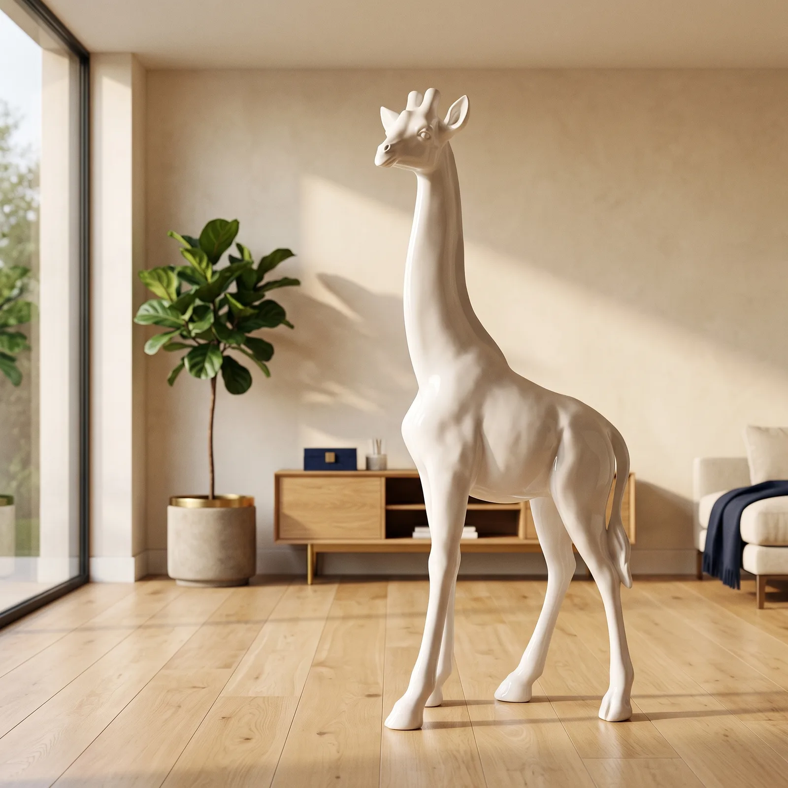 Giraf Beeld Groot Staand 180cm Wit - Decoratie — sfeerbeeld in interieur