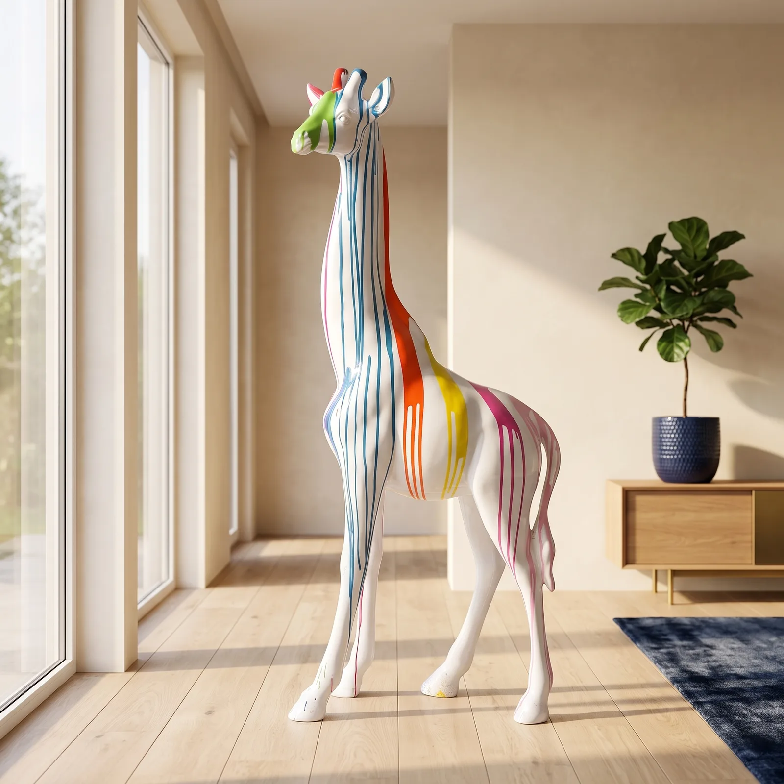 Giraf Beeld Groot Staand 180cm Wit Multicolor Dripart - Decoratie — sfeerbeeld in interieur
