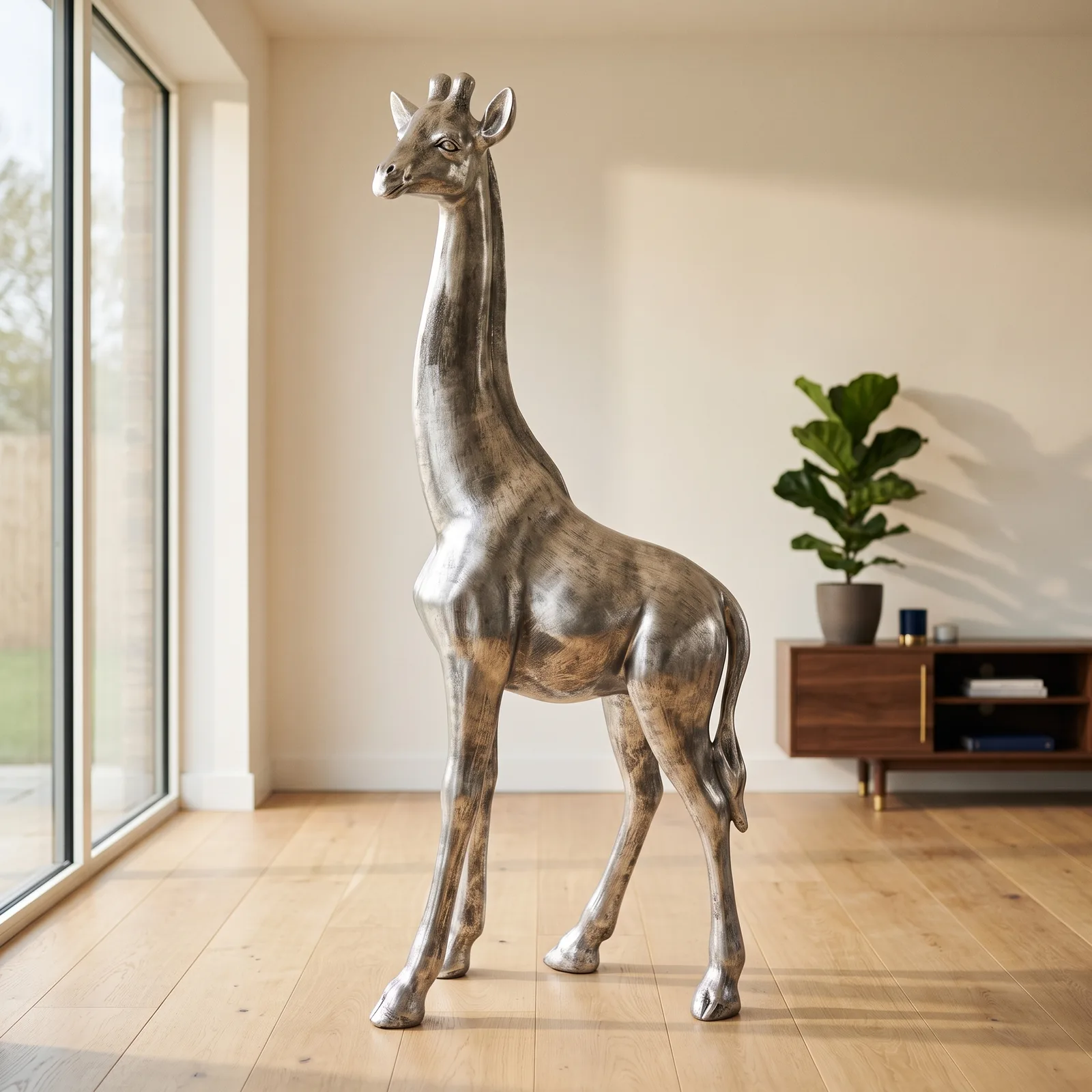Giraf Beeld Groot Staand 180cm Zilver Brushed - Decoratie — sfeerbeeld in interieur