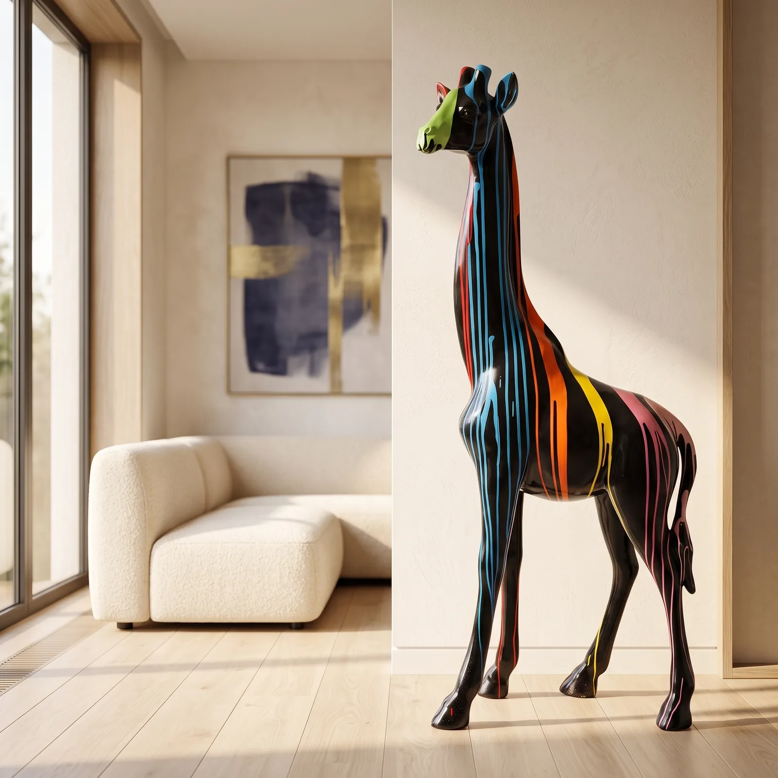 Levensgrote giraf van 180 cm in zwart met kleurige druipstrepen, sfeerbeeld in interieur