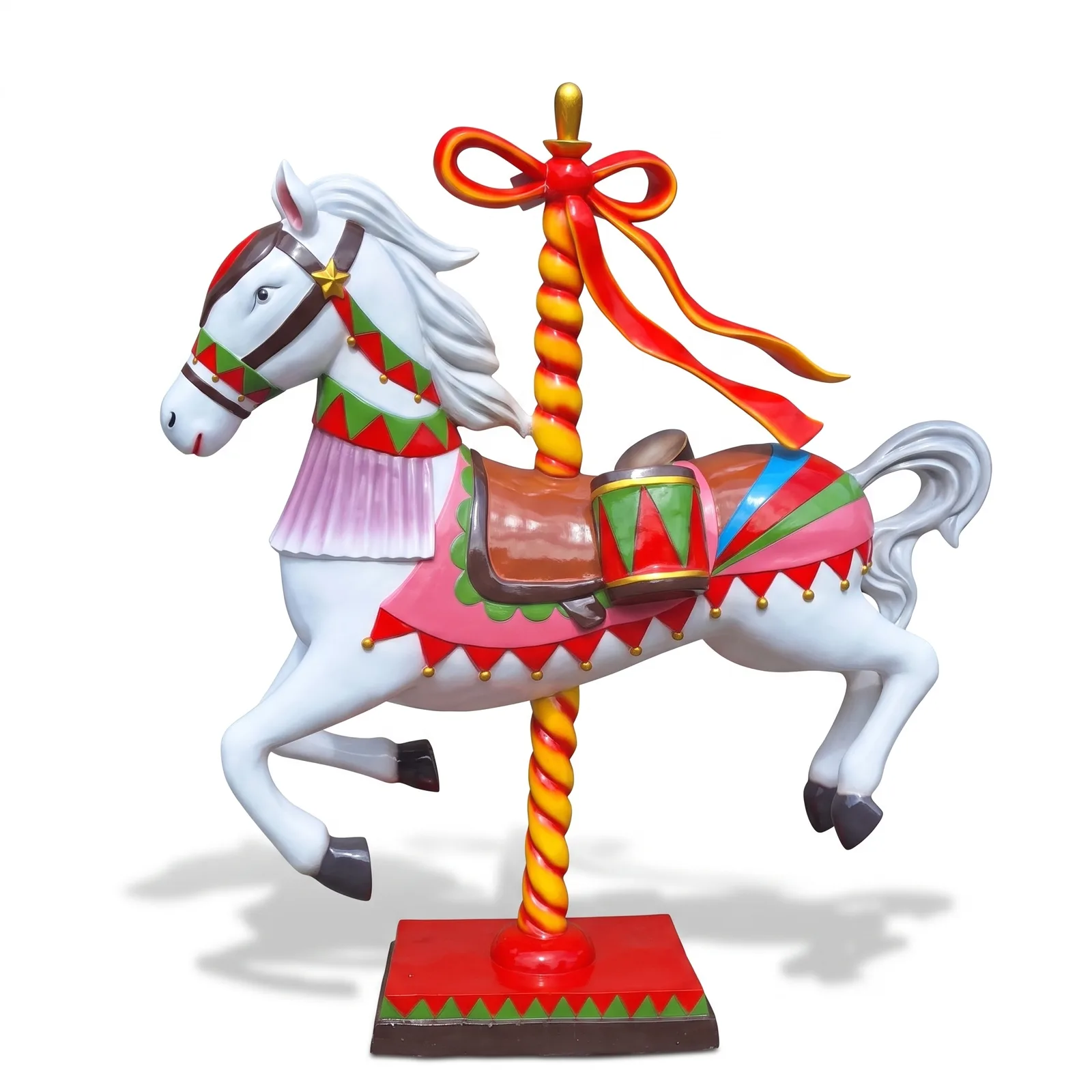 Kermispaard beeld van 170 cm in wit en rood met gouden details, carrousel decoratie