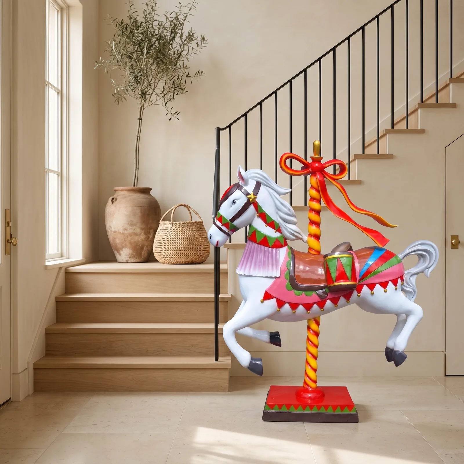 Levensgroot kermispaard van 170 cm in wit en rood, sfeerbeeld in interieur als carrousel decoratie