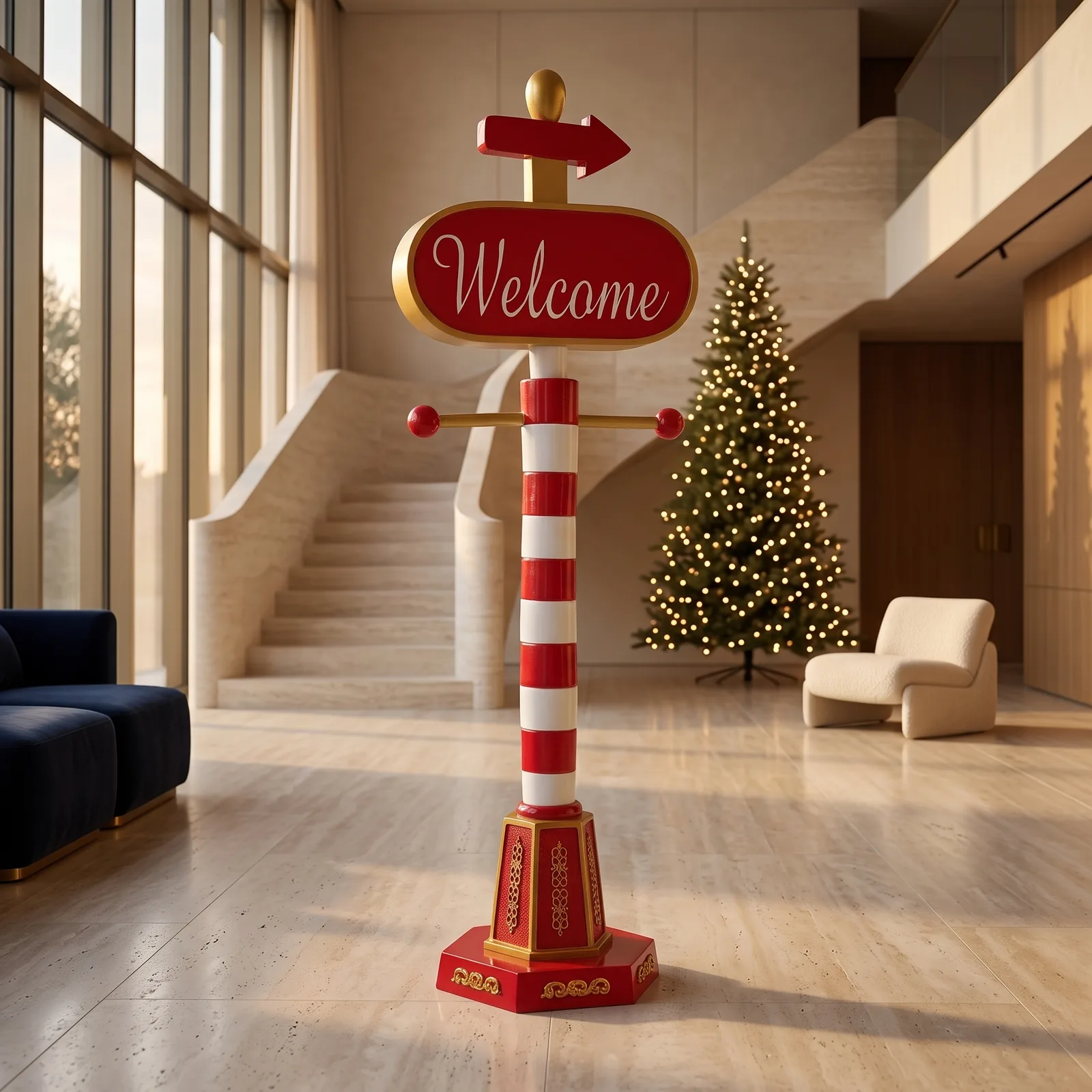 Kerst welkomstbord van 185 cm in rood en wit met gouden pijl, sfeerbeeld in interieur
