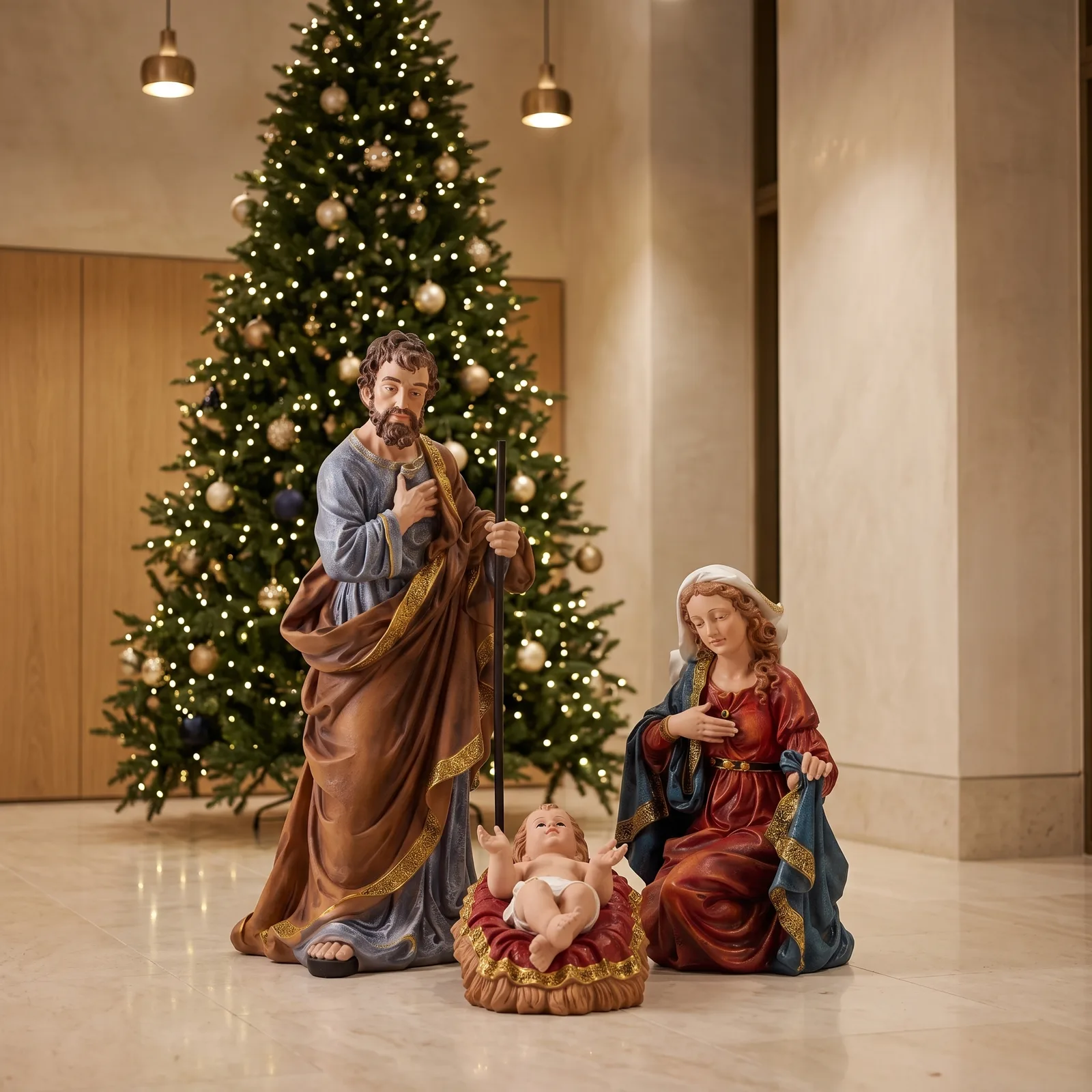 Heilige familie kerstgroep van 105 cm met drie figuren, sfeerbeeld in interieur