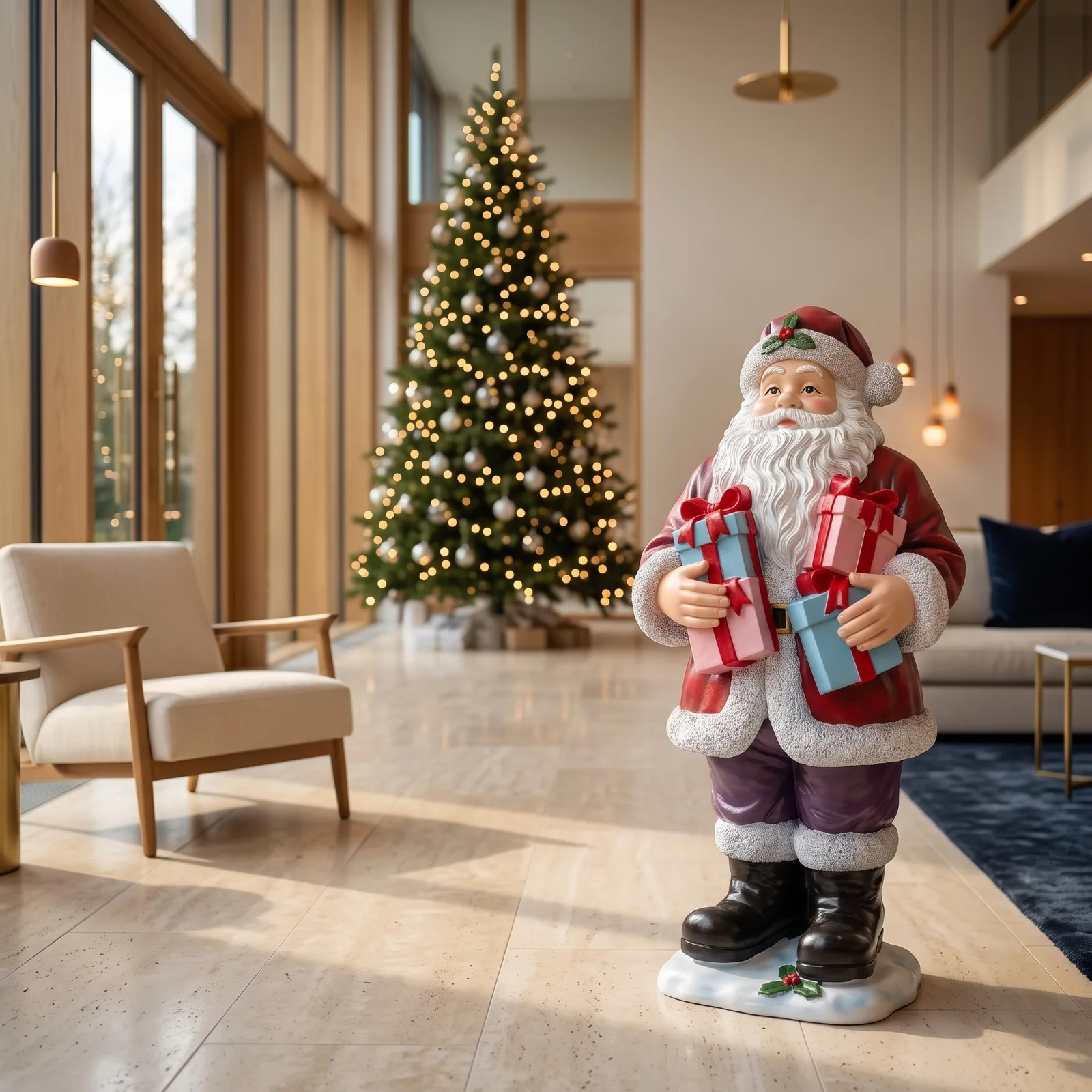 Kerstman figuur van 122 cm met cadeaus, sfeerbeeld in interieur als kerstdecoratie
