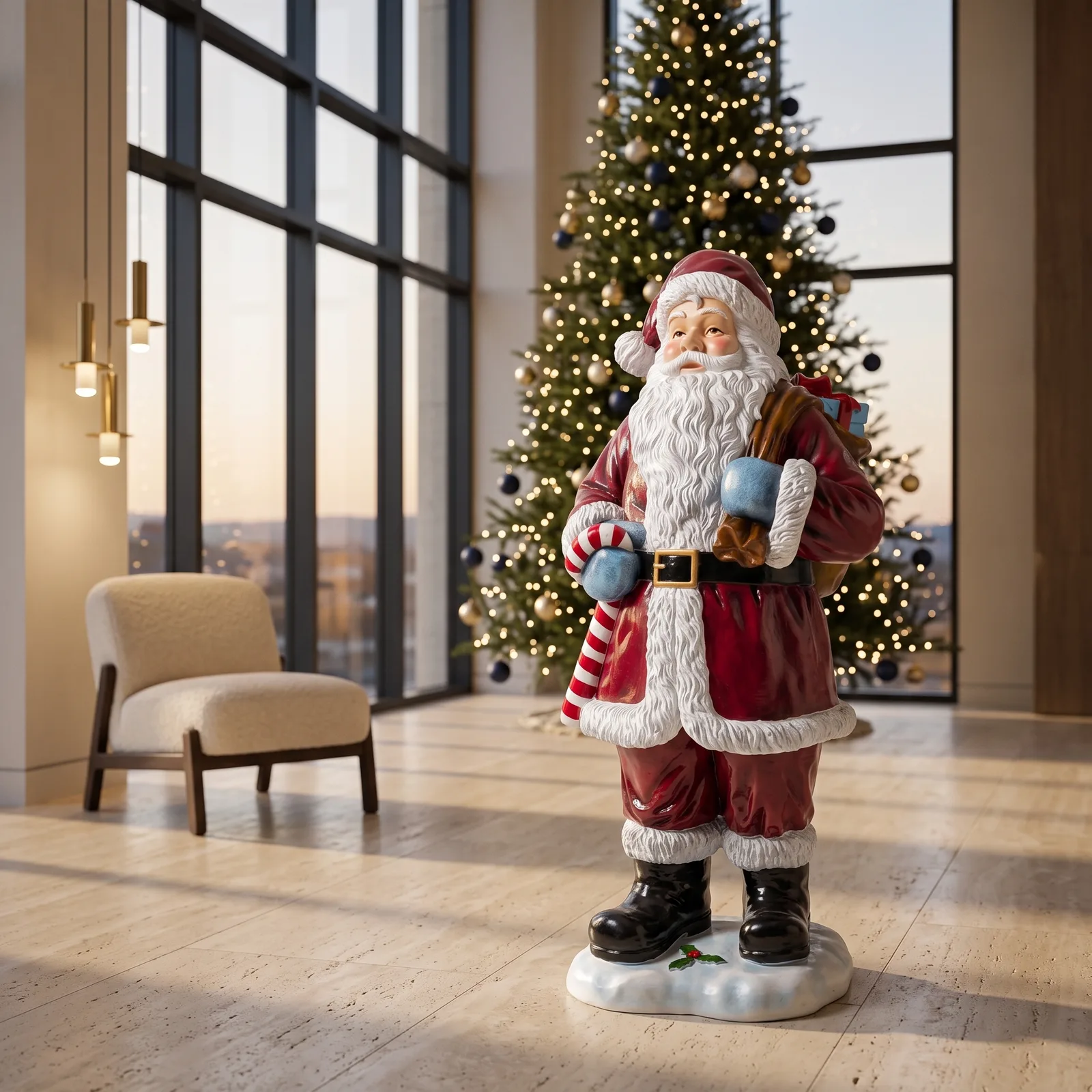Kerstman beeld van 145 cm met lolly en cadeauzak, sfeerbeeld in interieur
