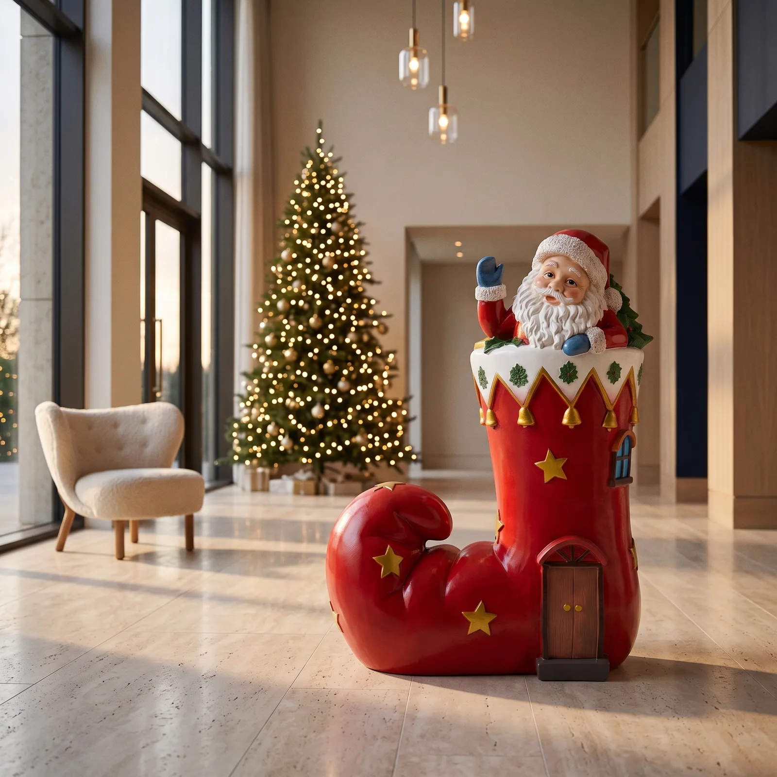 Kerstman van 80 cm in een kerstlaars, sfeerbeeld in interieur als kerstdecoratie