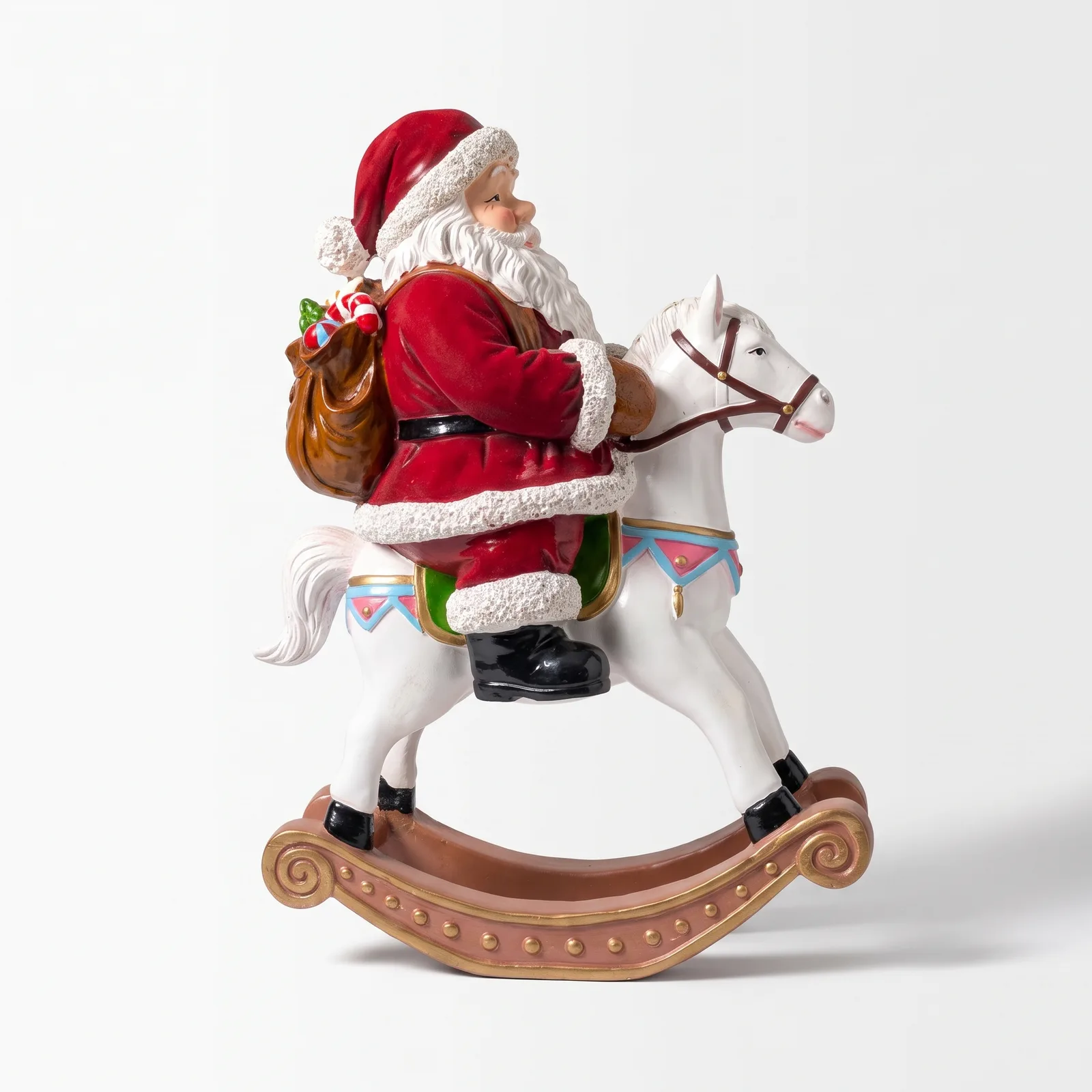 Kerstman beeld van 82 cm op een rood-wit schommelpaard, kerstfiguur als kerstdecoratie