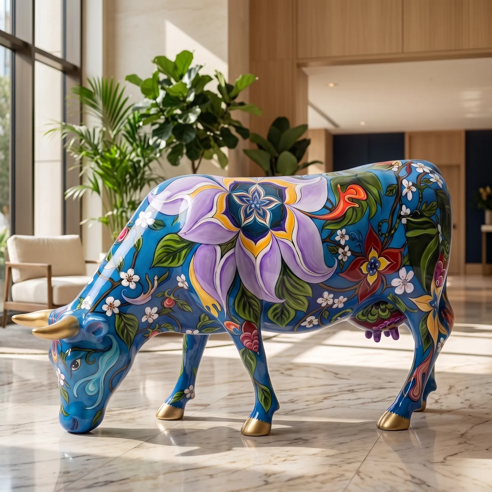 Koe Beeld Groot Blauwe Lelie – Grazend 140cm — sfeerbeeld in interieur