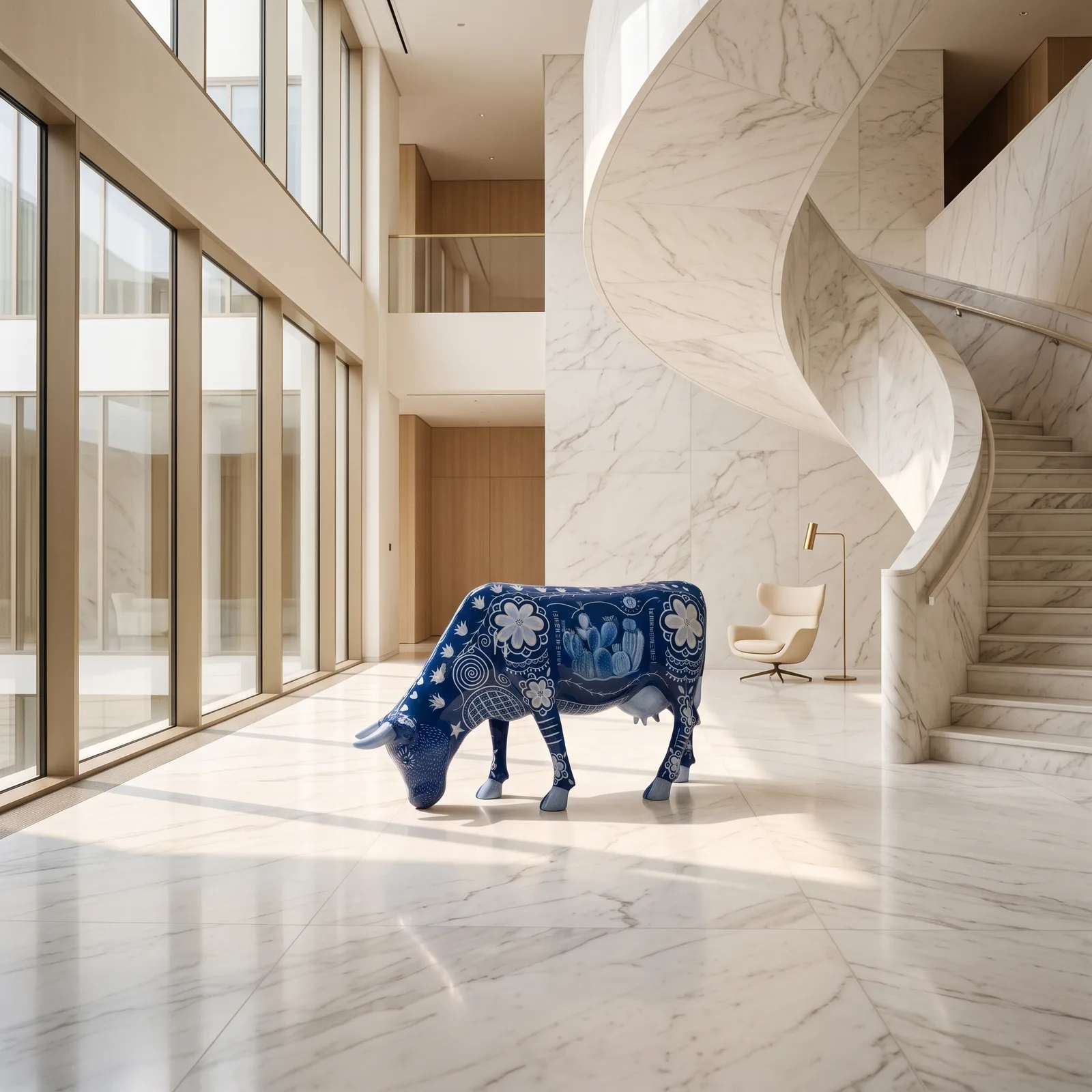 Koe Beeld Groot Grazend 140cm Delfts Blauw Motief — sfeerbeeld in interieur