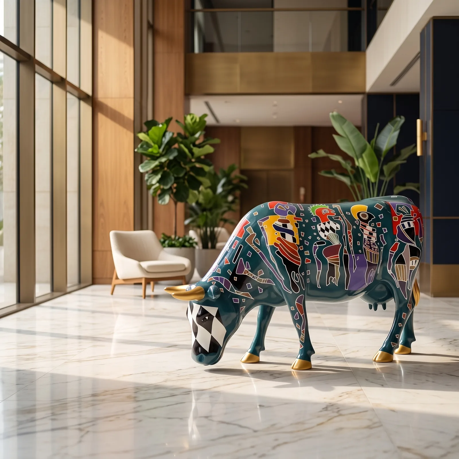Koe Beeld Groot Donkere Graffiti – Grazend 140cm — sfeerbeeld in interieur
