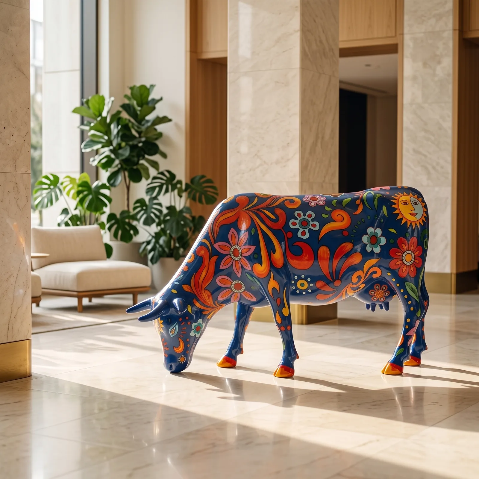 Koe Beeld Groot Folk Bloemen – Grazend 140cm — sfeerbeeld in interieur