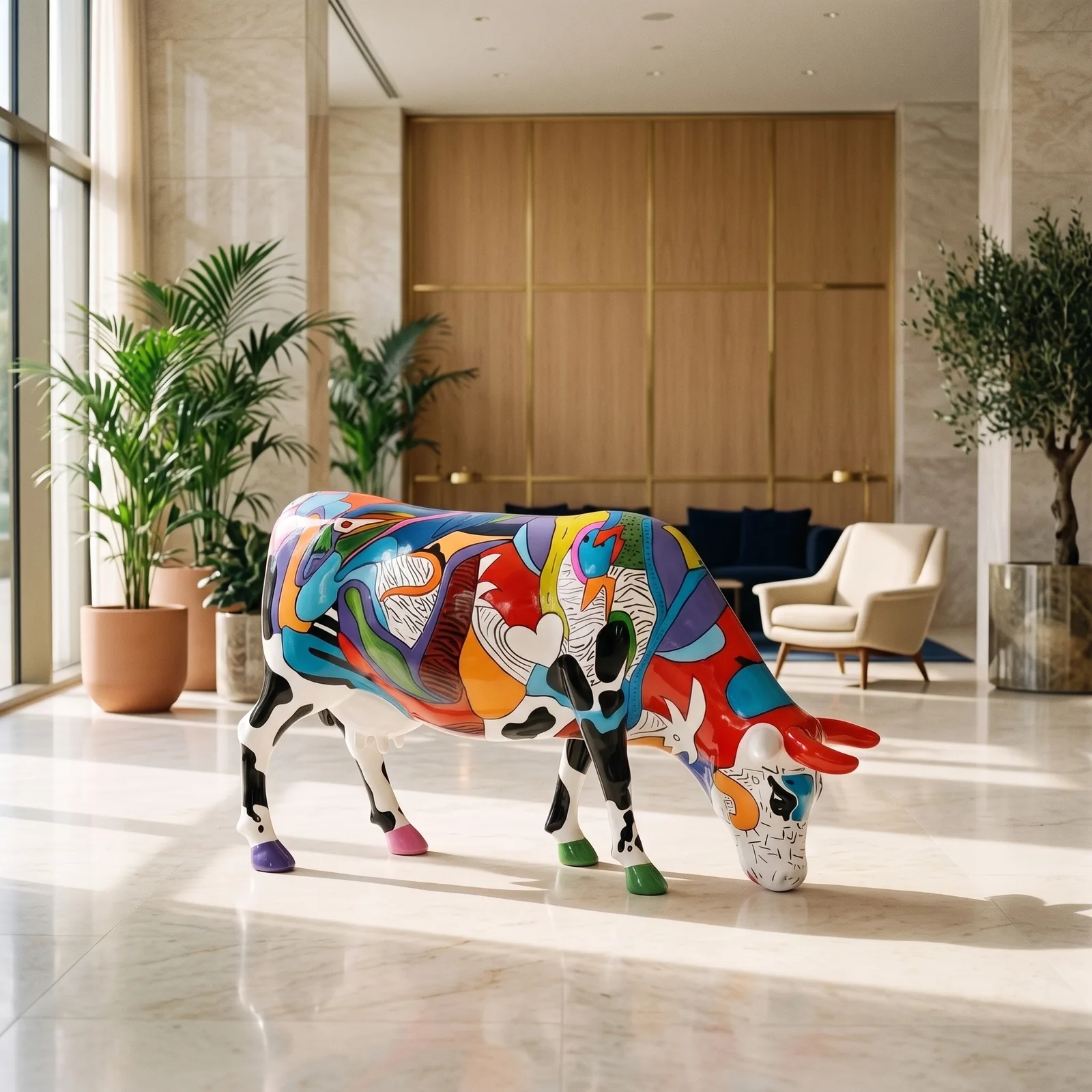 Koe Beeld Groot Modern Abstract – Grazend 140cm — sfeerbeeld in interieur