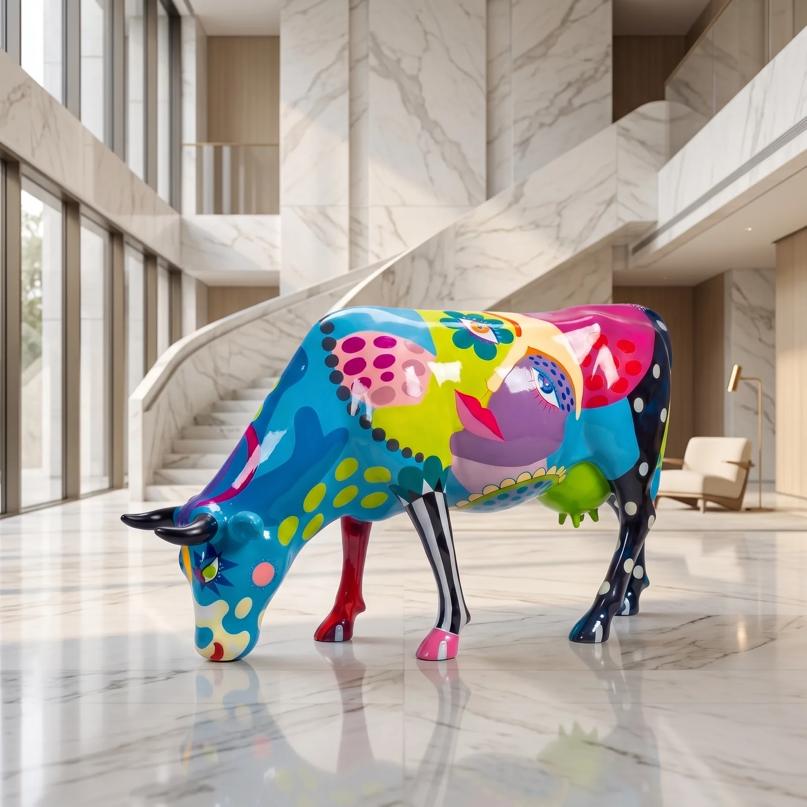 Koe Beeld Groot Grazend 140cm Pastel Pop Art Motief — sfeerbeeld in interieur