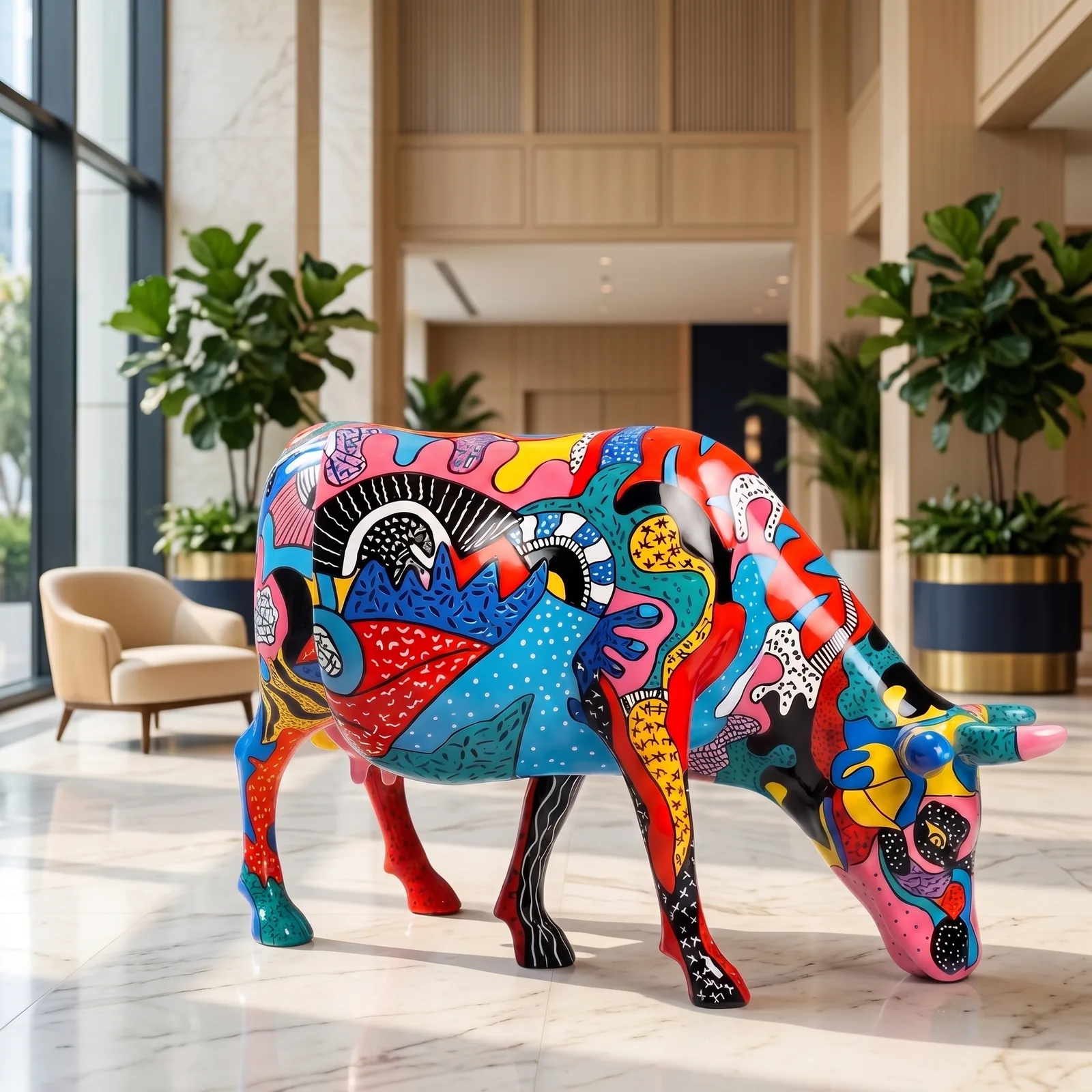 Koe Beeld Groot Tribal Pop – Grazend 140cm — sfeerbeeld in interieur