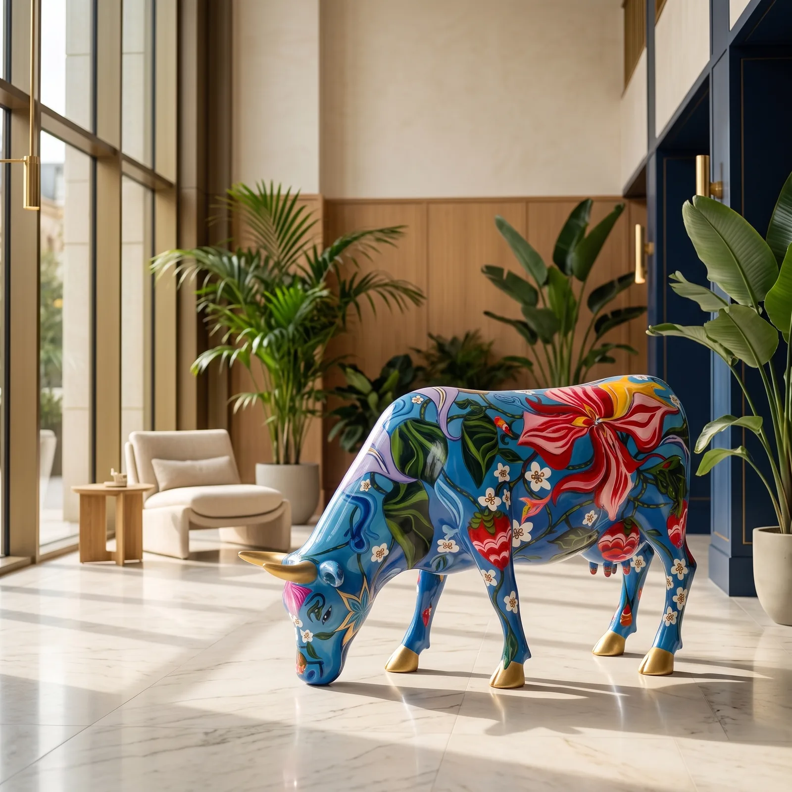 Koe Beeld Groot Tropical Flowers – Grazend 140cm — sfeerbeeld in interieur