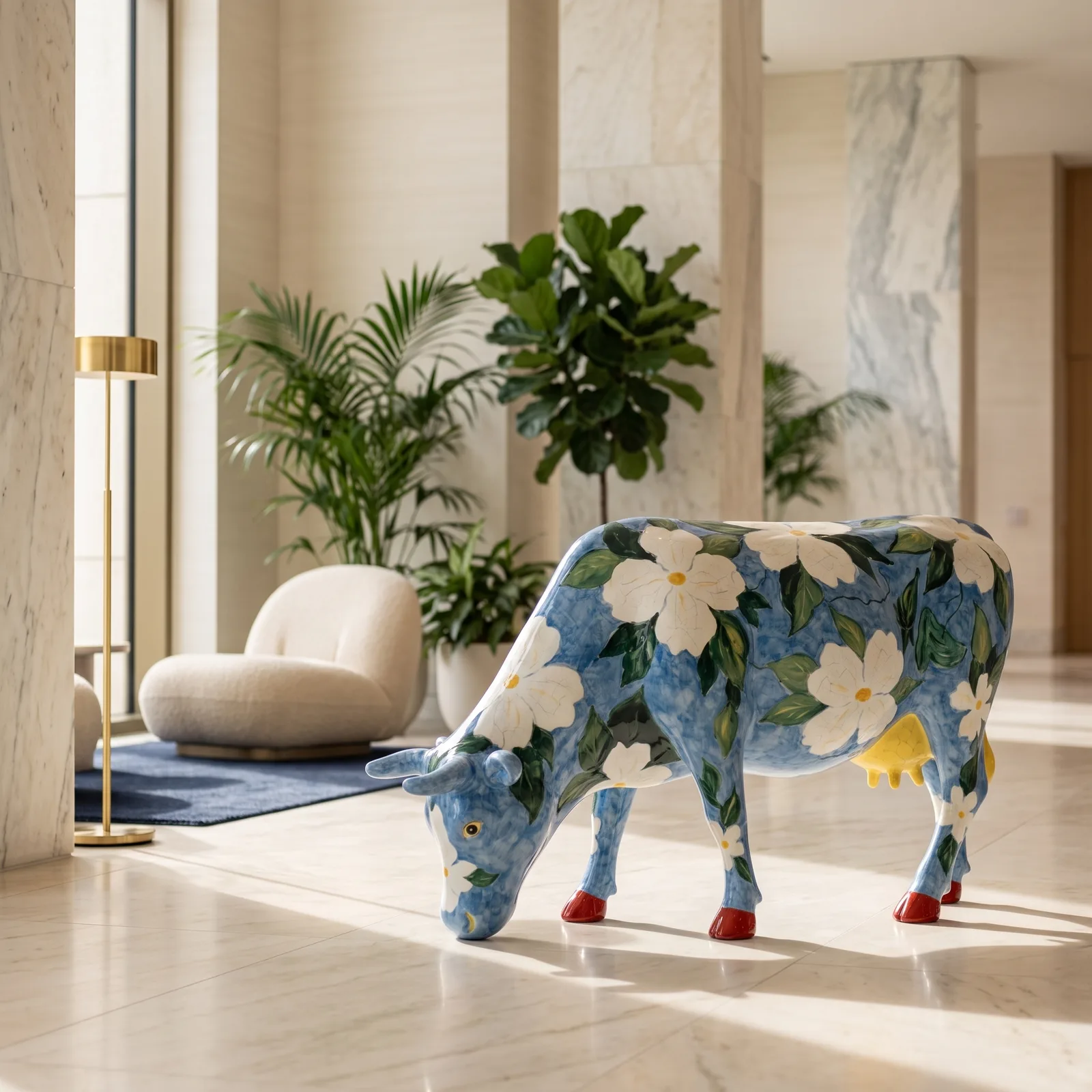 Koe Beeld Groot Witte Bloemen – Grazend 140cm — sfeerbeeld in interieur