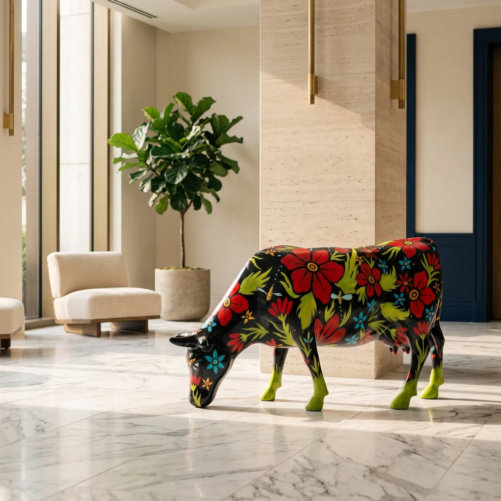 Koe Beeld Groot Zwarte Bloemen – Grazend 140cm — sfeerbeeld in interieur