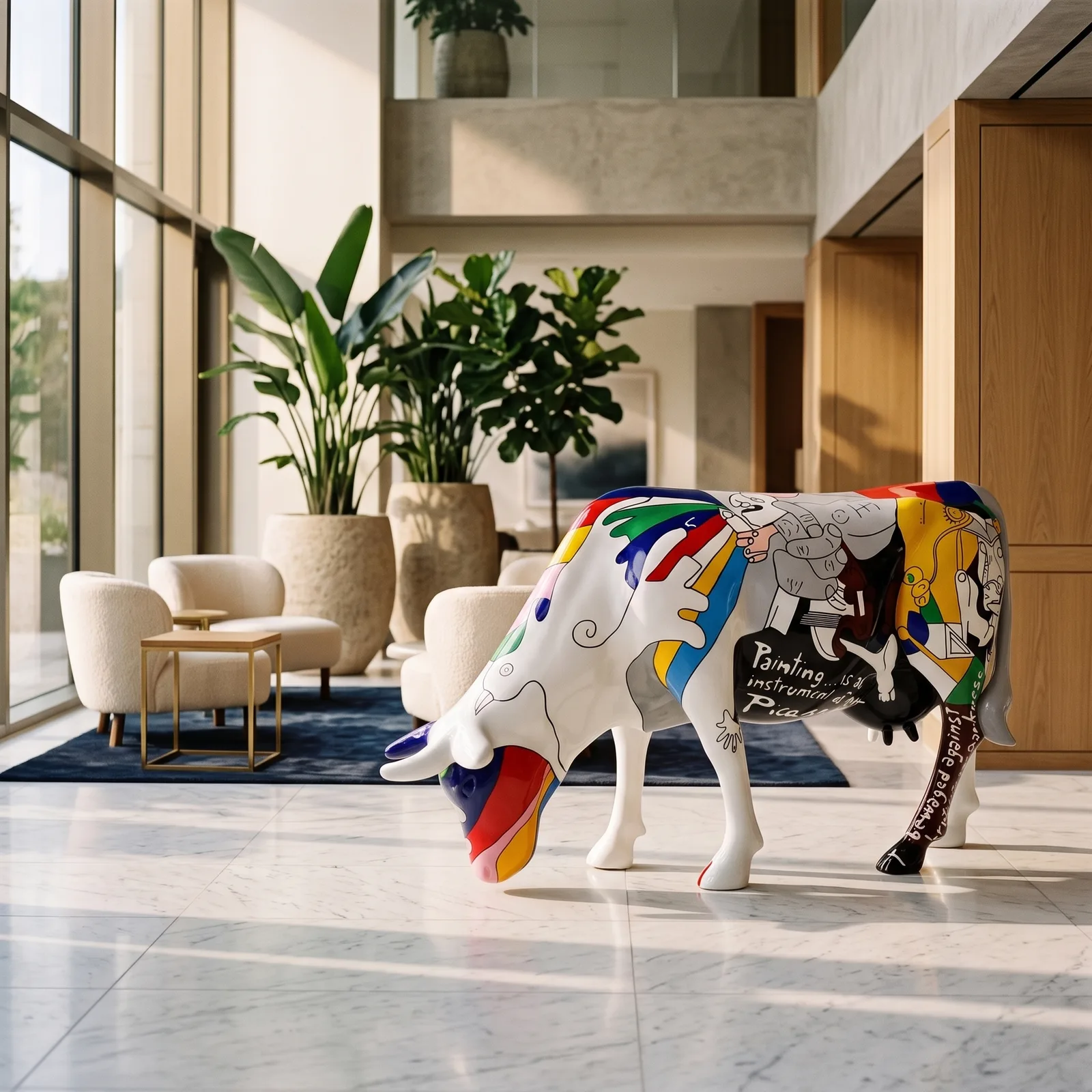 Koe Beeld Groot Picasso Citaat – Staand 140cm — sfeerbeeld in interieur