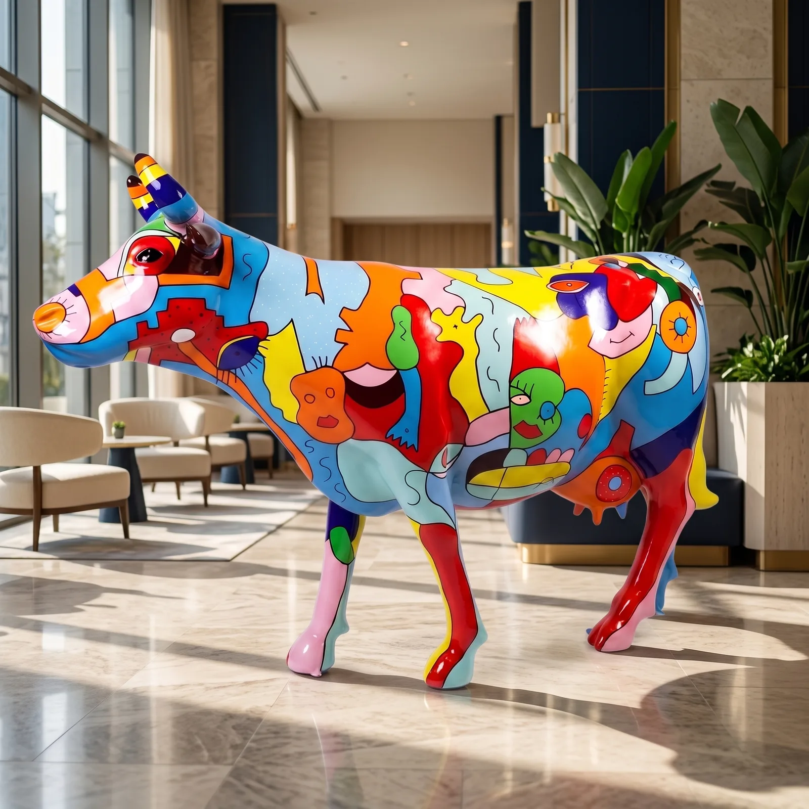 Koe Beeld Groot Picasso Blauw Rood – Staand 147cm — sfeerbeeld in interieur