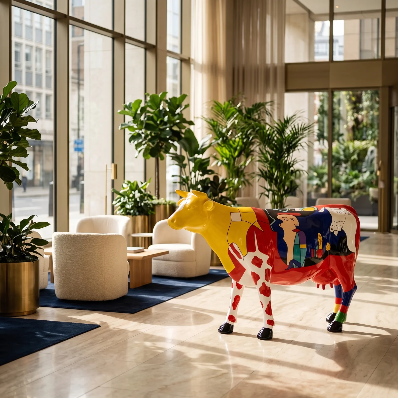 Koe Beeld Groot Picasso Rood Geel – Staand 147cm — sfeerbeeld in interieur