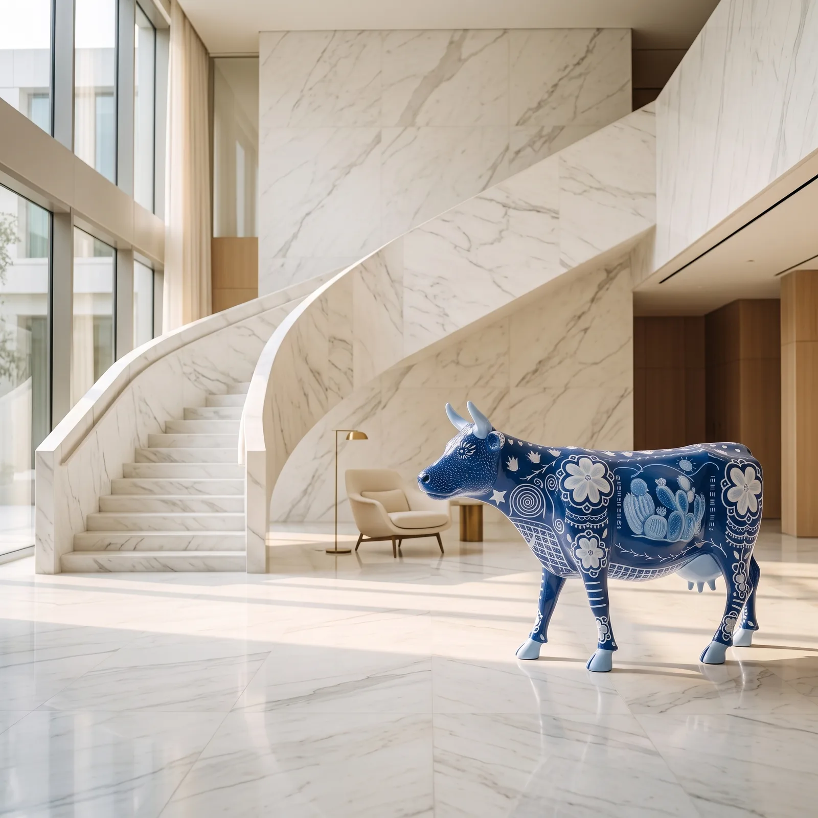 Koe Beeld Groot Staand 153cm Delfts Blauw Motief — sfeerbeeld in interieur