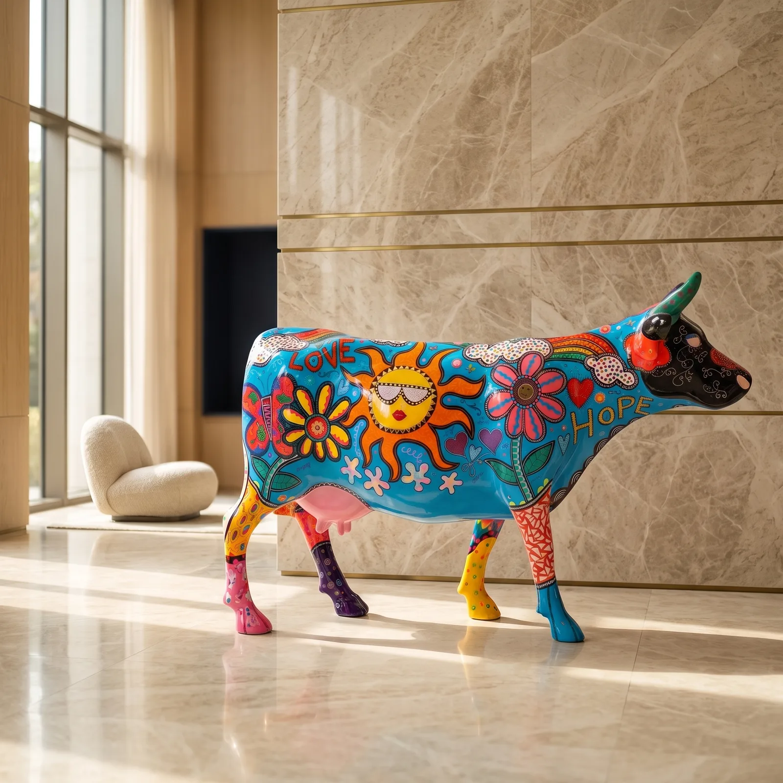 Koe Beeld Groot Flower Power – Staand 153cm — sfeerbeeld in interieur