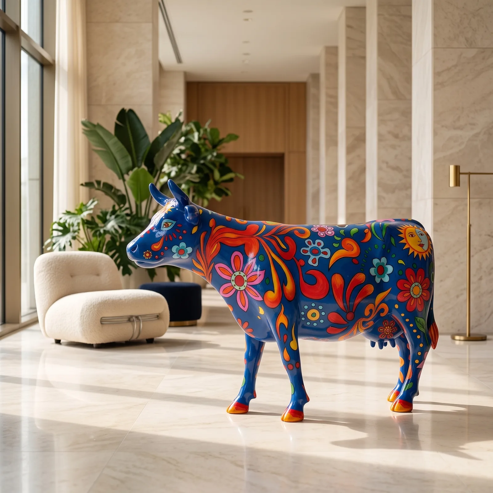 Levensgrote koe van 153 cm met folk bloemenmotief, sfeerbeeld in interieur