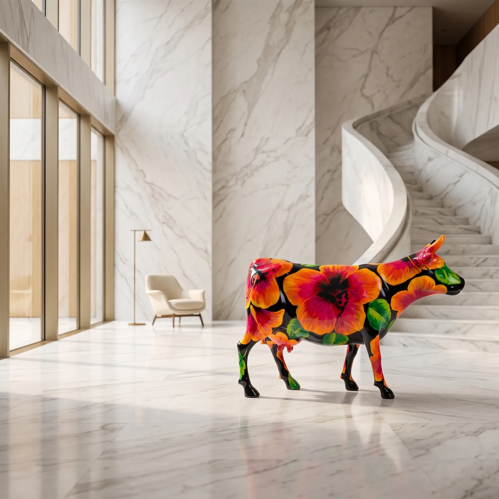 Koe Beeld Groot Hibiscus – Staand 153cm — sfeerbeeld in interieur