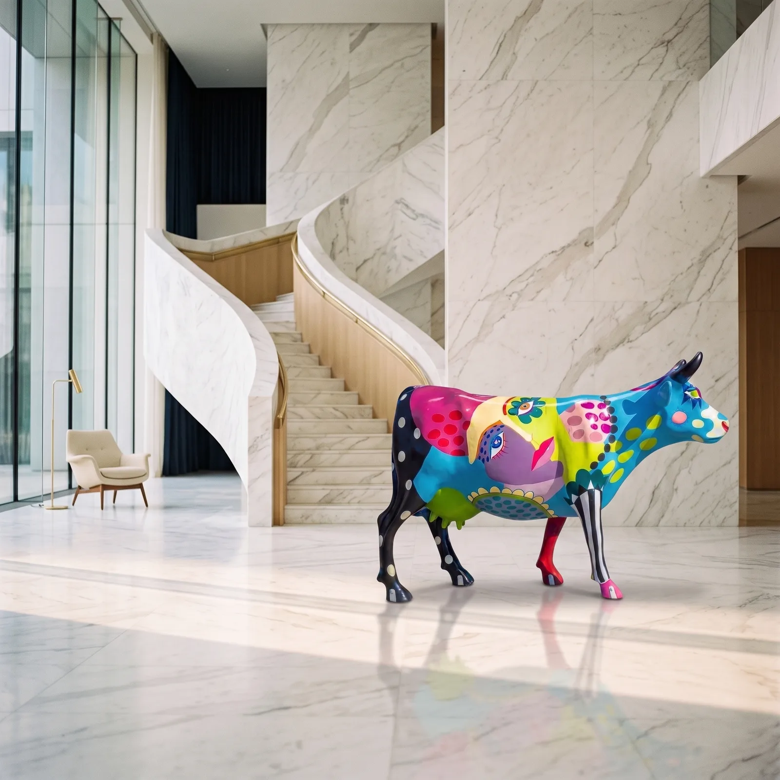 Koe Beeld Groot Staand 153cm Pastel Pop Art Motief — sfeerbeeld in interieur