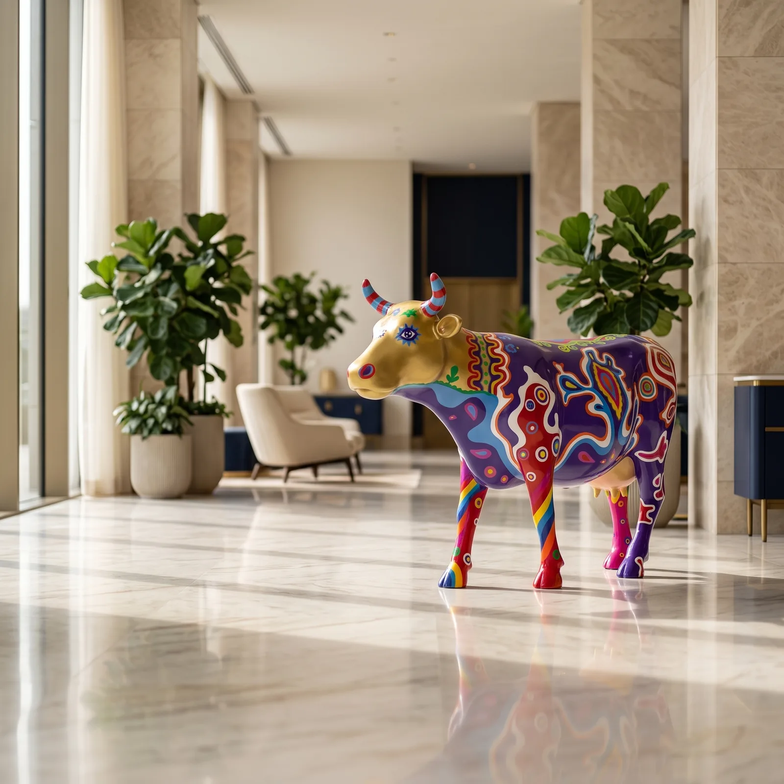 Koe Beeld Groot Psychedelisch Paars – Staand 153cm — sfeerbeeld in interieur