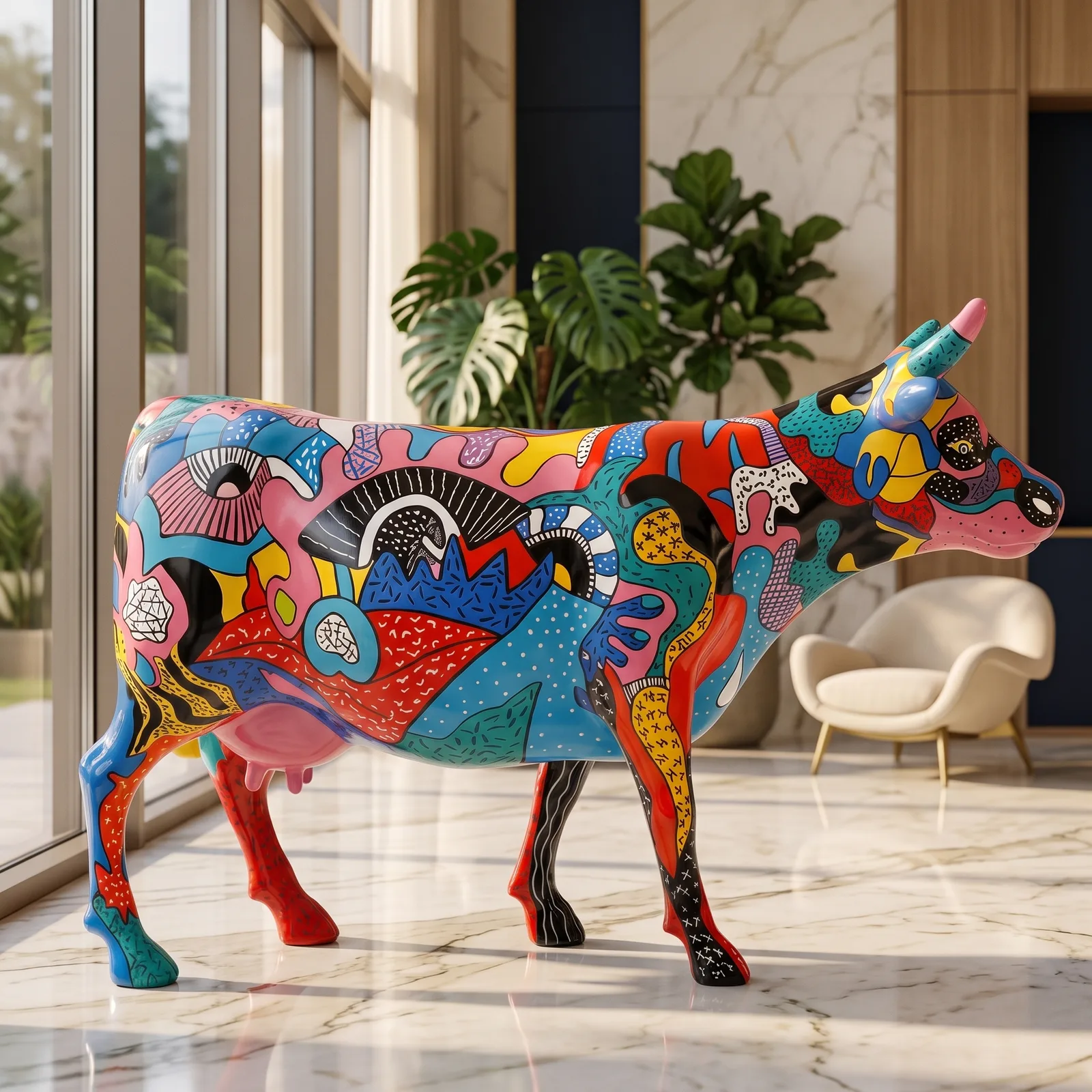 Koe Beeld Groot Tribal Pop – Staand 153cm — sfeerbeeld in interieur