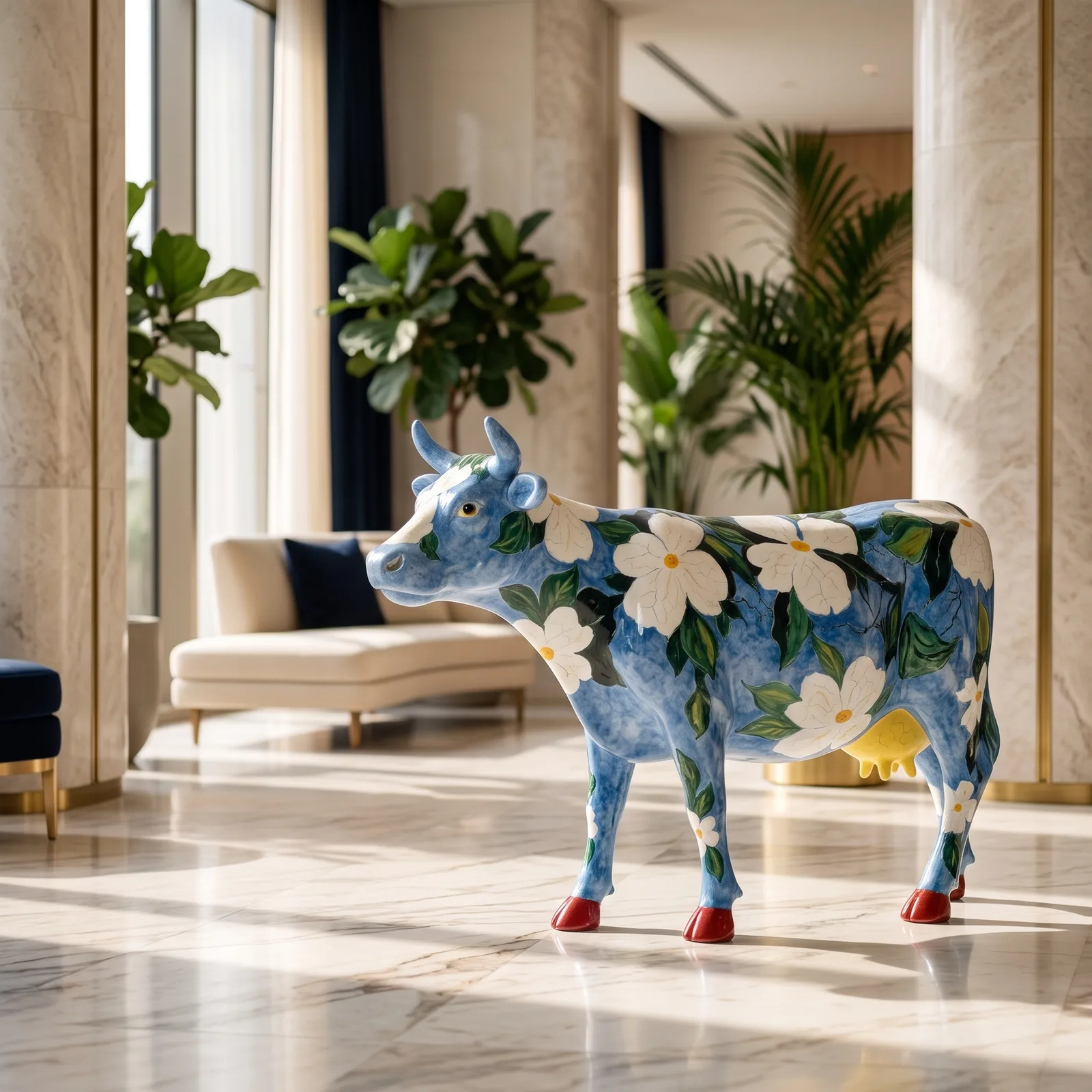 Koe Beeld Groot Witte Bloemen – Staand 153cm — sfeerbeeld in interieur