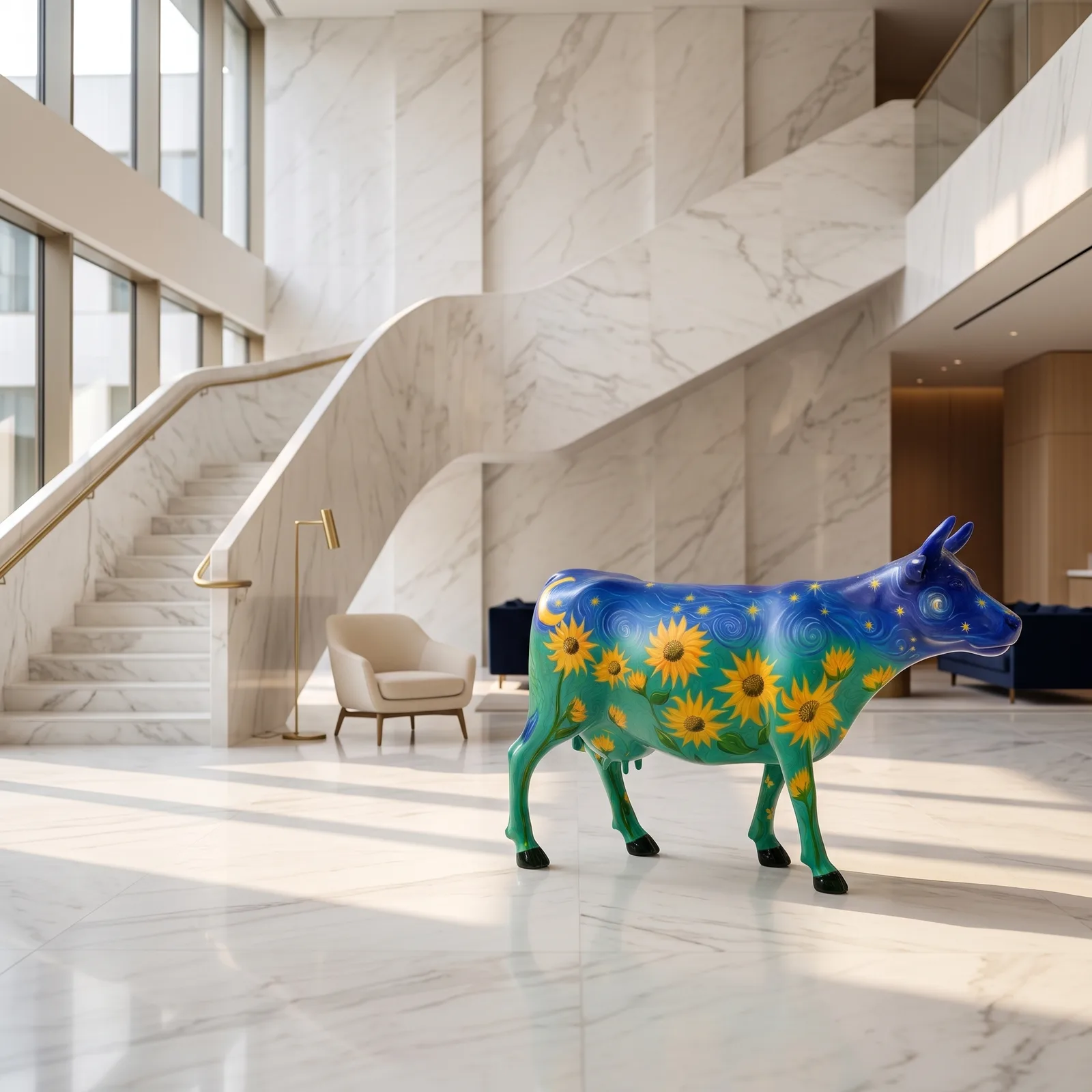 Koe Beeld Groot Zonnebloemen – Staand 153cm — sfeerbeeld in interieur
