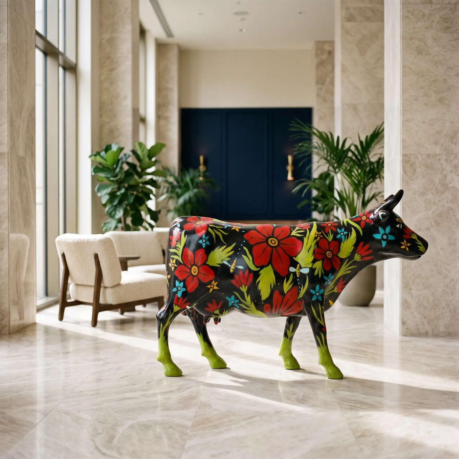 Koe Beeld Groot Zwarte Bloemen – Staand 153cm — sfeerbeeld in interieur