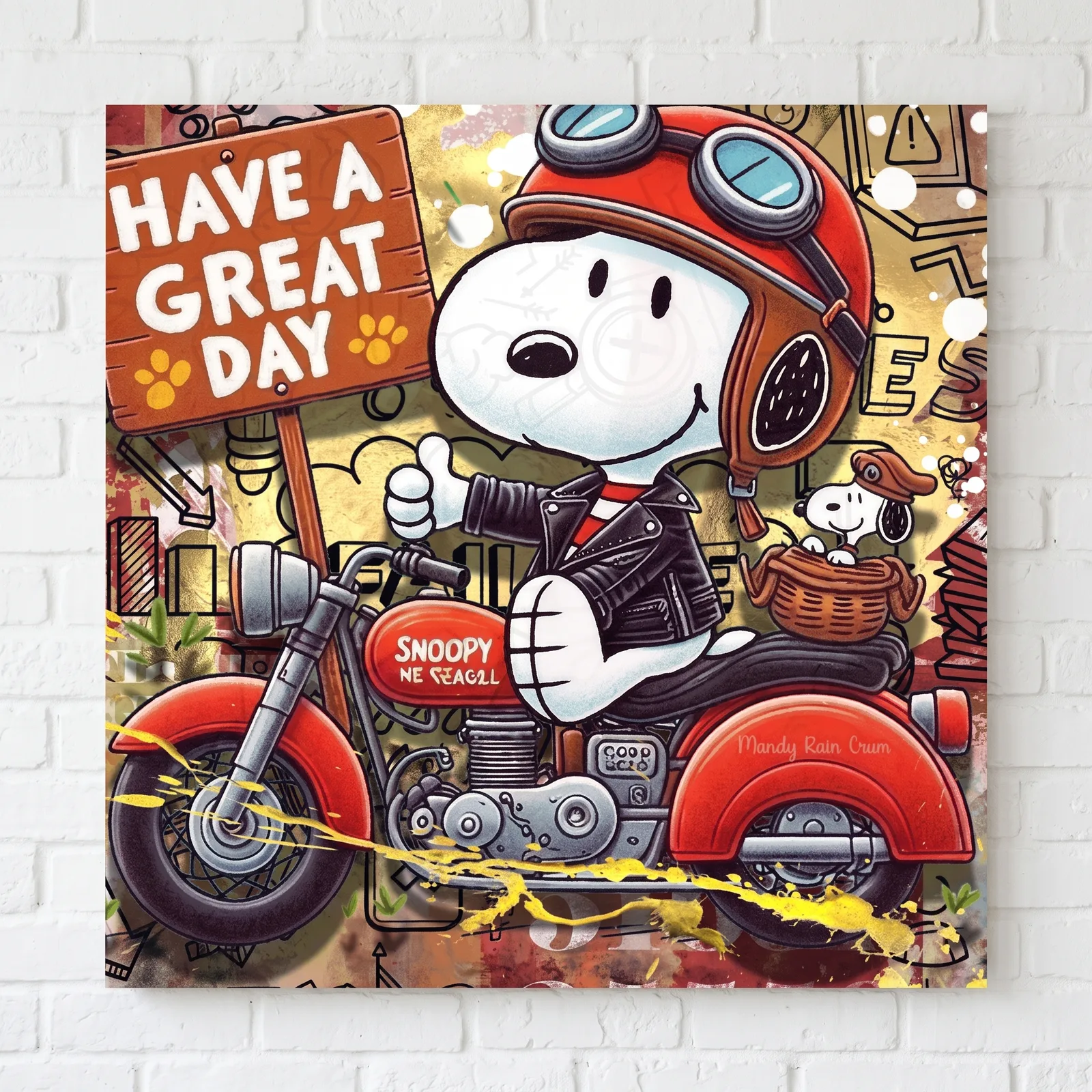 Micha Baker - On The Motorbike - Schilderij 50x50cm Epoxy Kunst — sfeerbeeld in interieur
