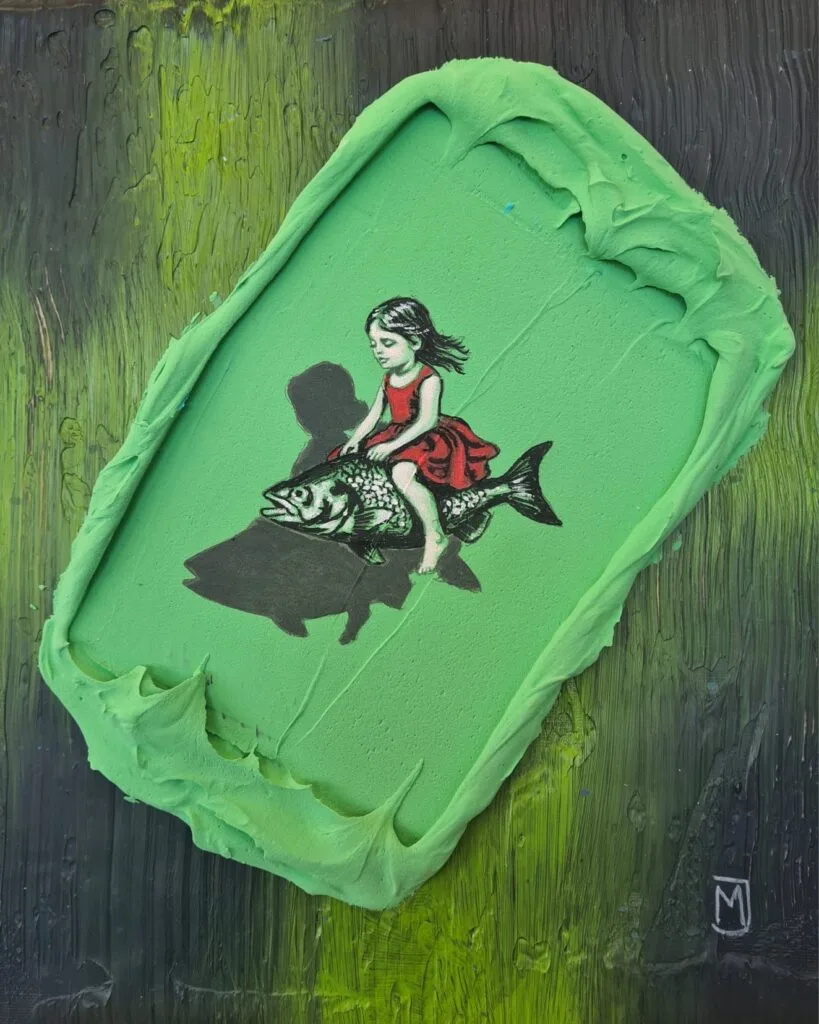 MXJ - Riding on the Fish - Schilderij 24x30cm Origineel Kunstwerk