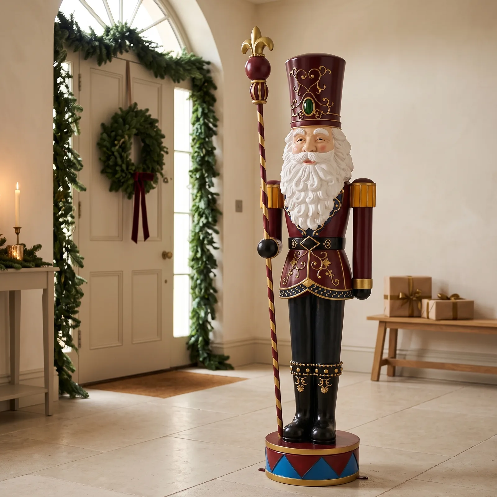 Sfeerbeeld: staande notenkraker 160 cm in bordeaux en goud met staf als kerstdecoratie