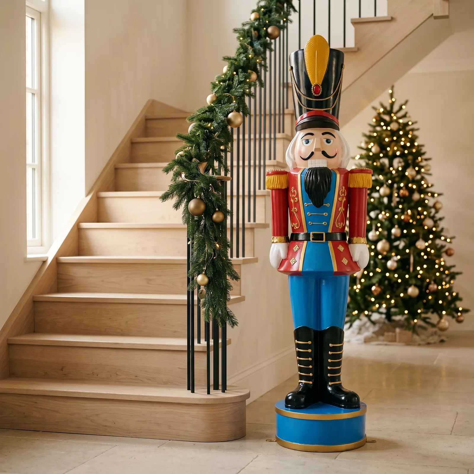 Levensgrote notenkraker 160 cm in rood, blauw en goud, sfeerbeeld als kerstdecoratie