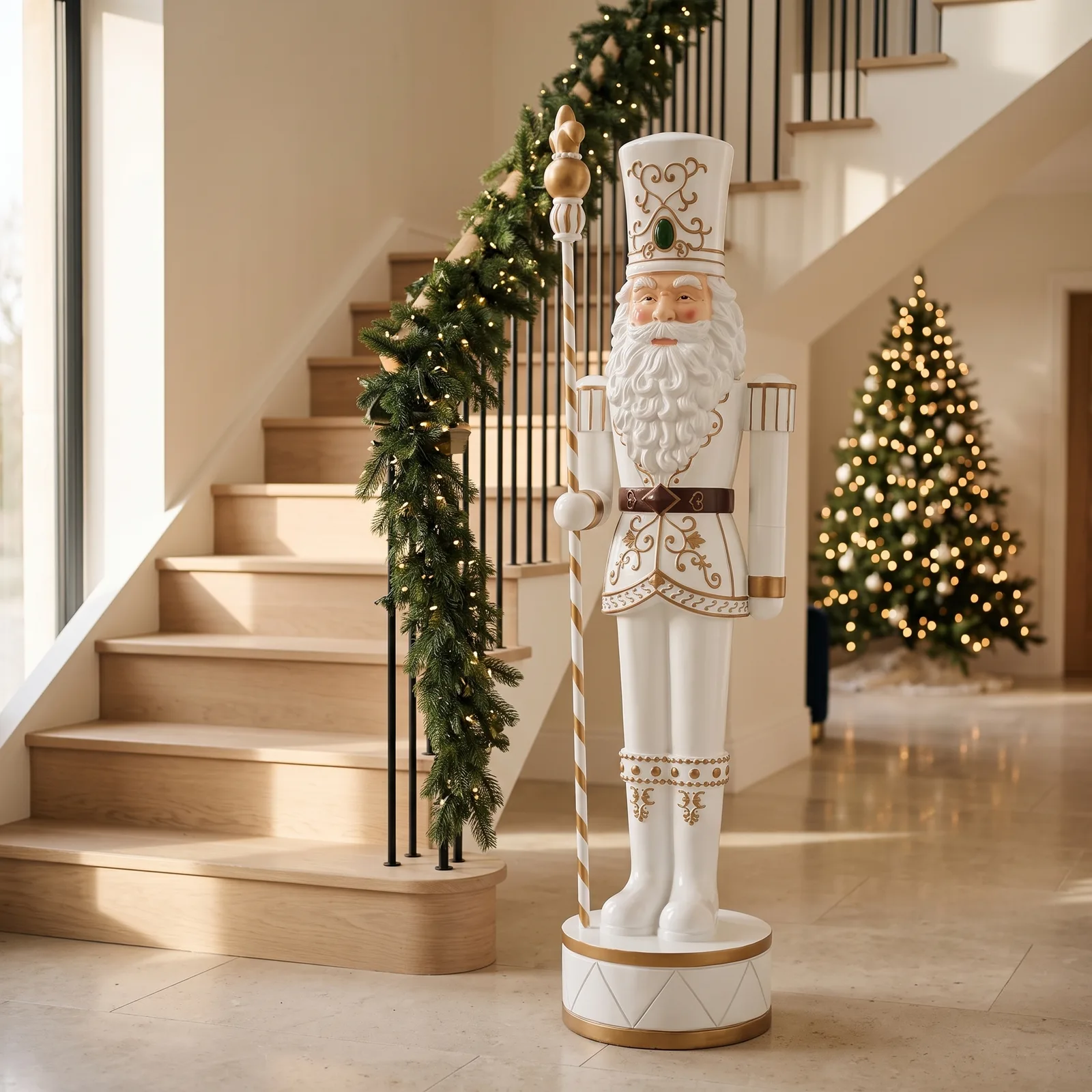 Levensgrote notenkraker 160 cm in wit en goud met staf, sfeerbeeld als kerstdecoratie