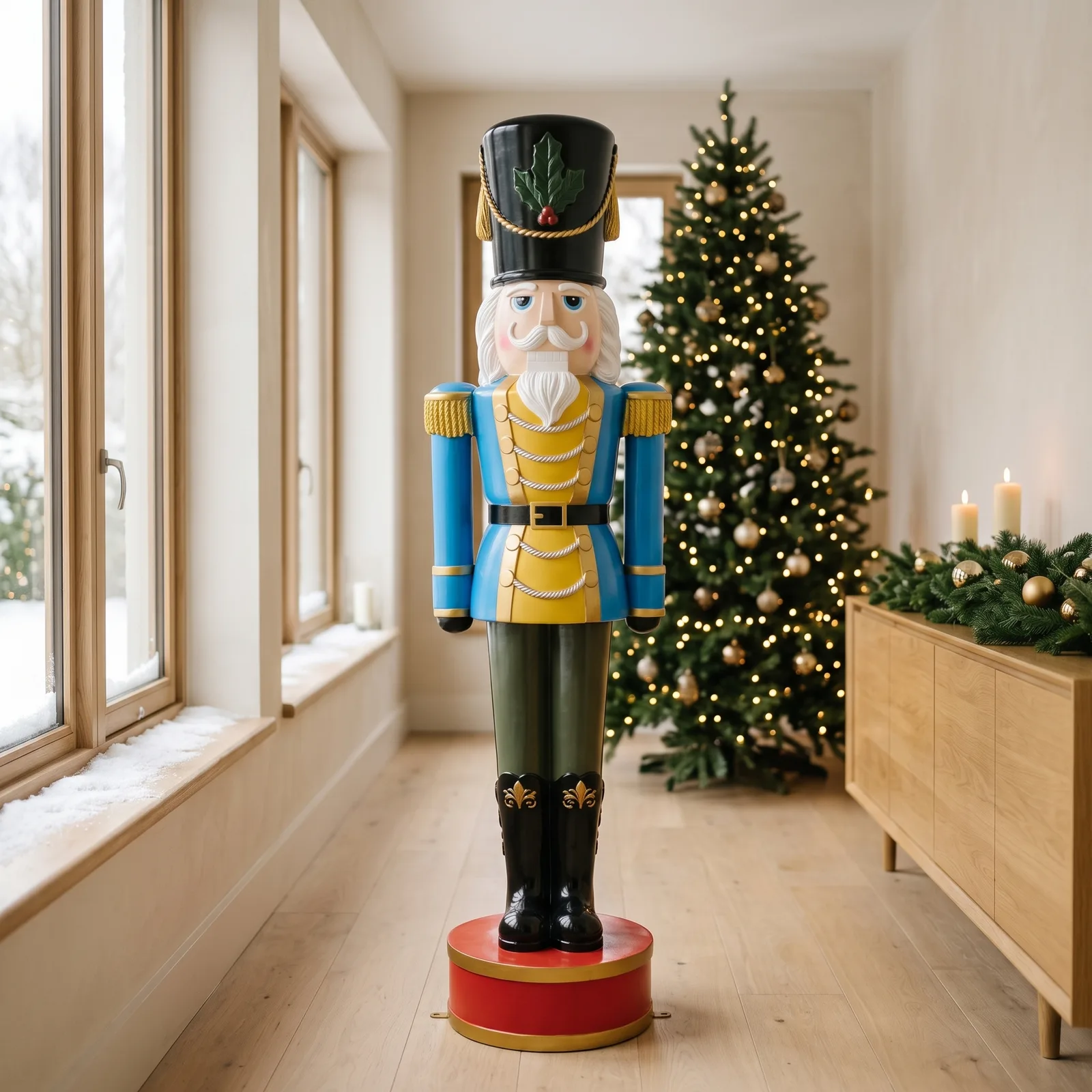 Sfeerbeeld in interieur met notenkraker pop 180 cm in blauw en geel met hulstdetails