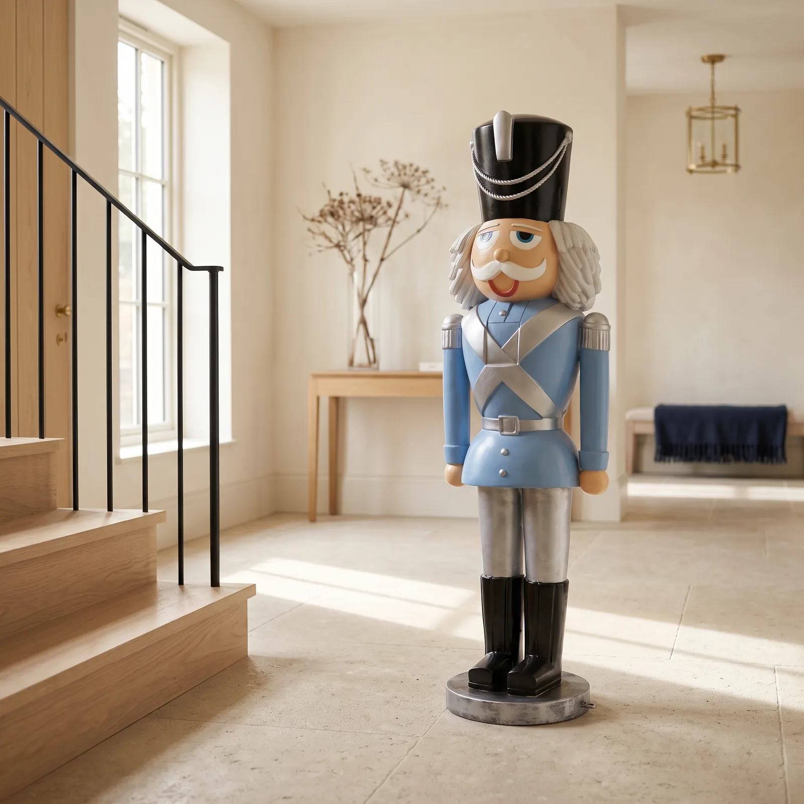Grote notenkraker 180 cm in blauw en zilver, sfeerbeeld in interieur voor de feestdagen