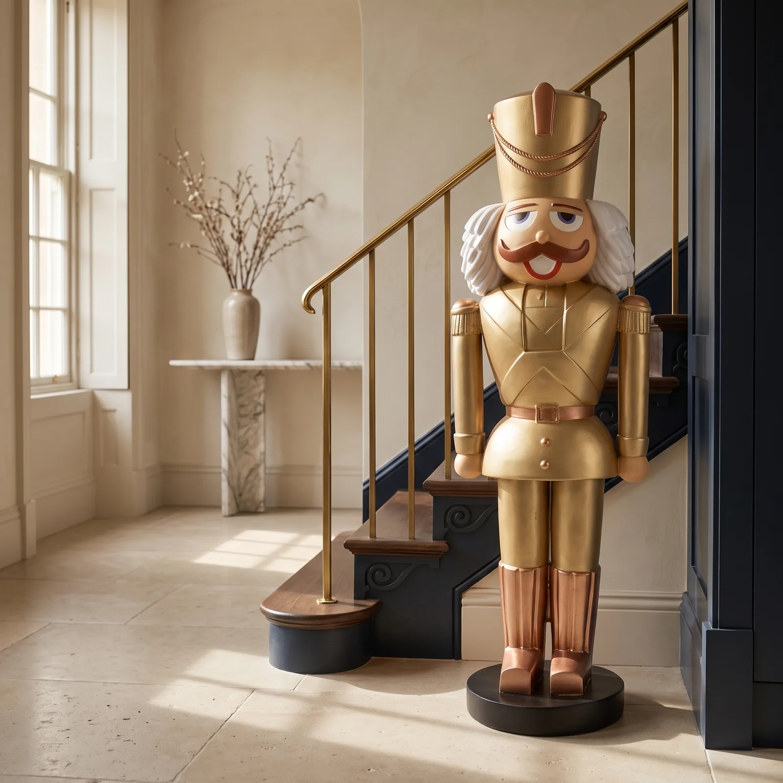 Sfeerbeeld: staande notenkraker 180 cm in goud als kerstdecoratie voor de feestdagen