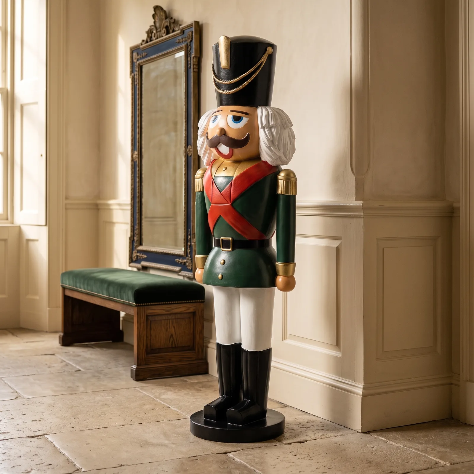 Sfeerbeeld in interieur met notenkraker pop 180 cm in groen en rood voor de feestdagen