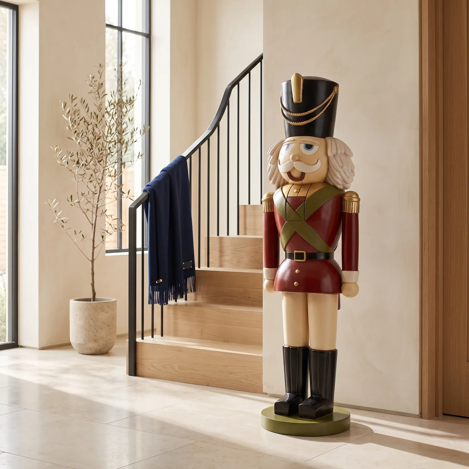 Sfeerbeeld in interieur met notenkraker pop 180 cm in rood, groen en goud