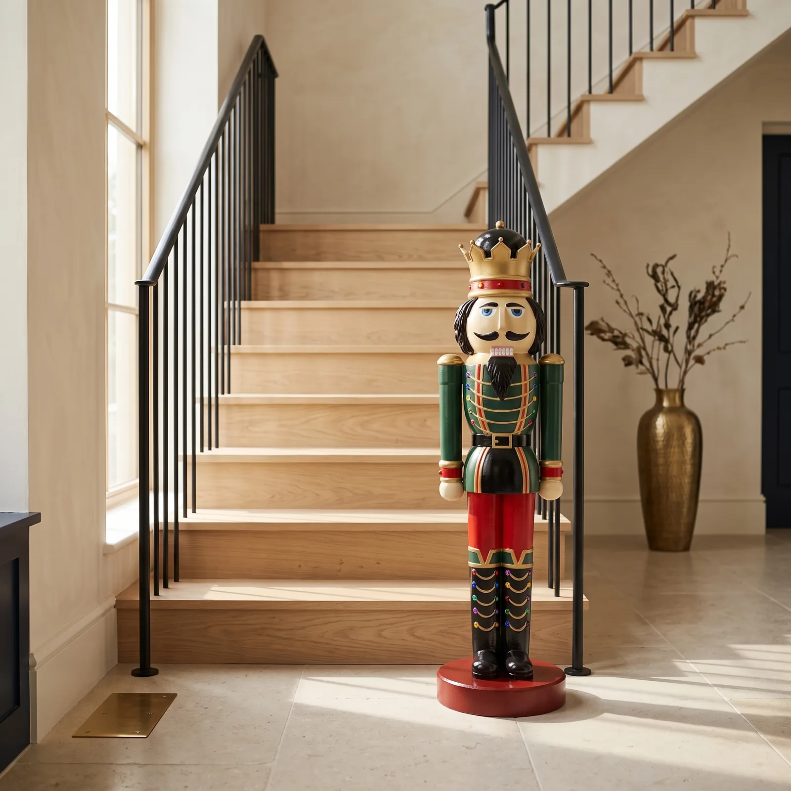 Grote notenkraker 200 cm in groen en goud, sfeerbeeld in interieur voor de feestdagen