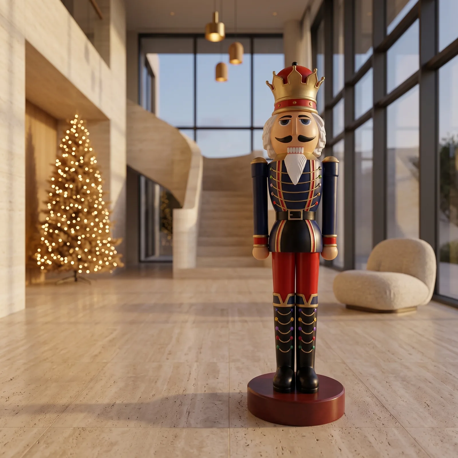 Grote notenkraker koning 200 cm in blauw, rood en goud, sfeerbeeld in interieur